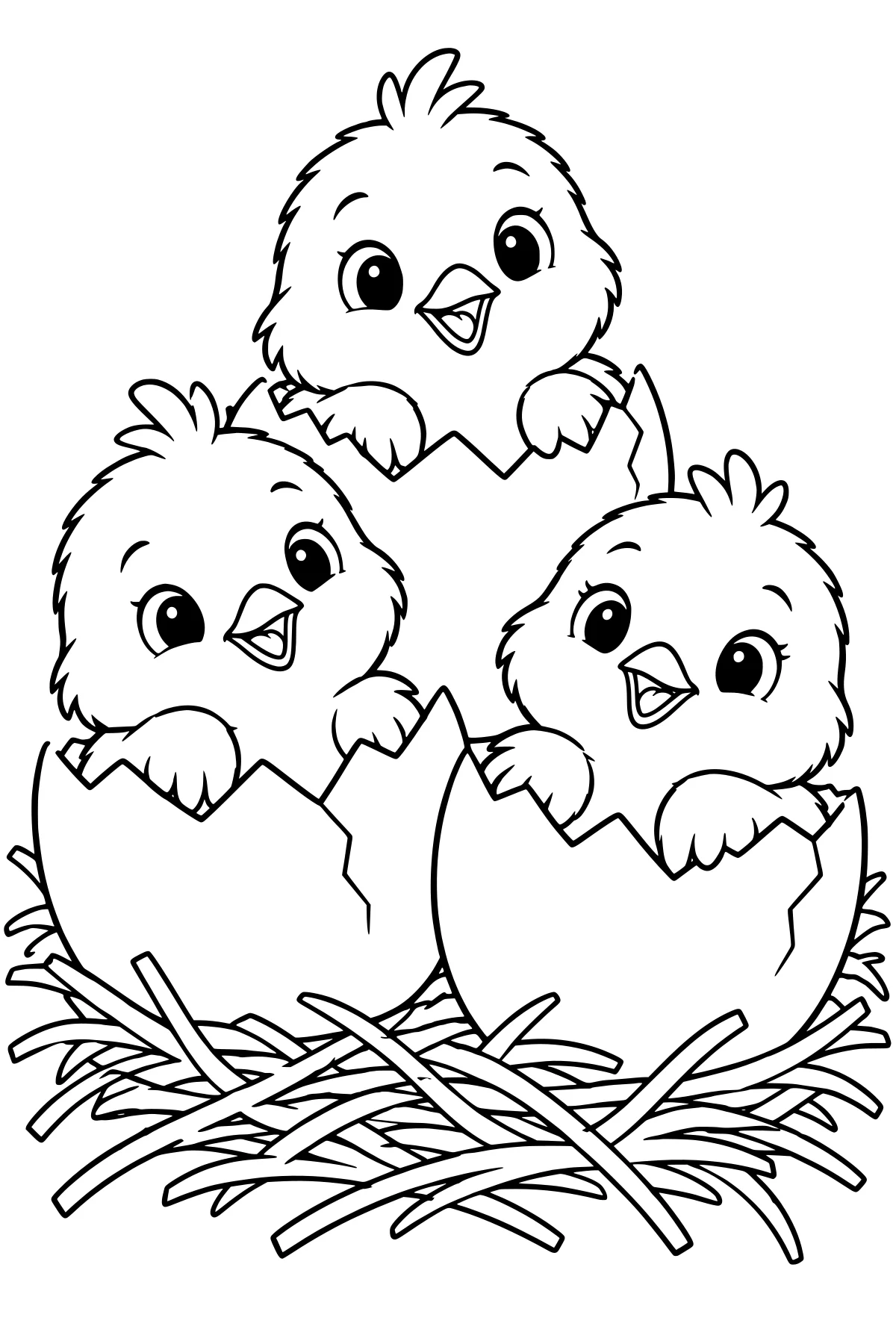 Chicks peeking from cracked eggshells in a nest of overlapping twigs, with fluffy feathers, open beaks, small wings, and bright eyes.