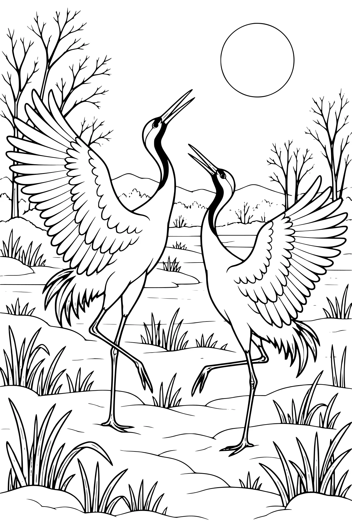 Cranes with raised wings and lifted legs in a snowy wetland with bare trees, distant mountains, grasses, water, and a round disk in the sky.