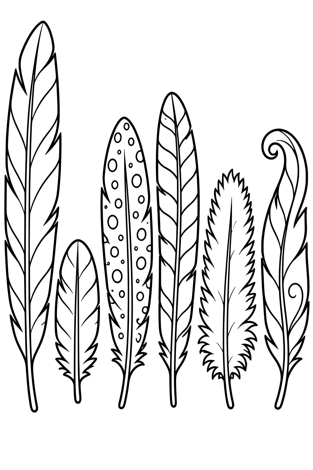 Decorative upright feathers with spotted, striped, jagged, and curled designs against a blank background.