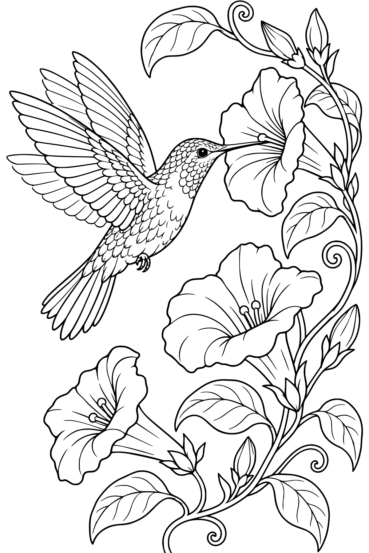 Hummingbird hovering beside a curling vine of trumpet-shaped flowers, pointed buds, and broad leaves