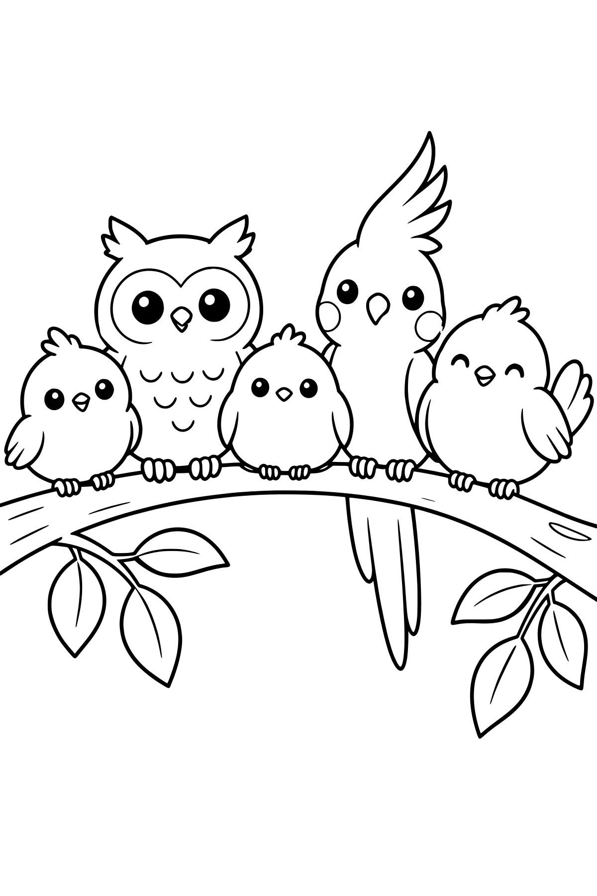 Black-and-white line art of round stylized birds, including an owl-like bird and a tall-crested bird, perched together on a leafy tree branch.