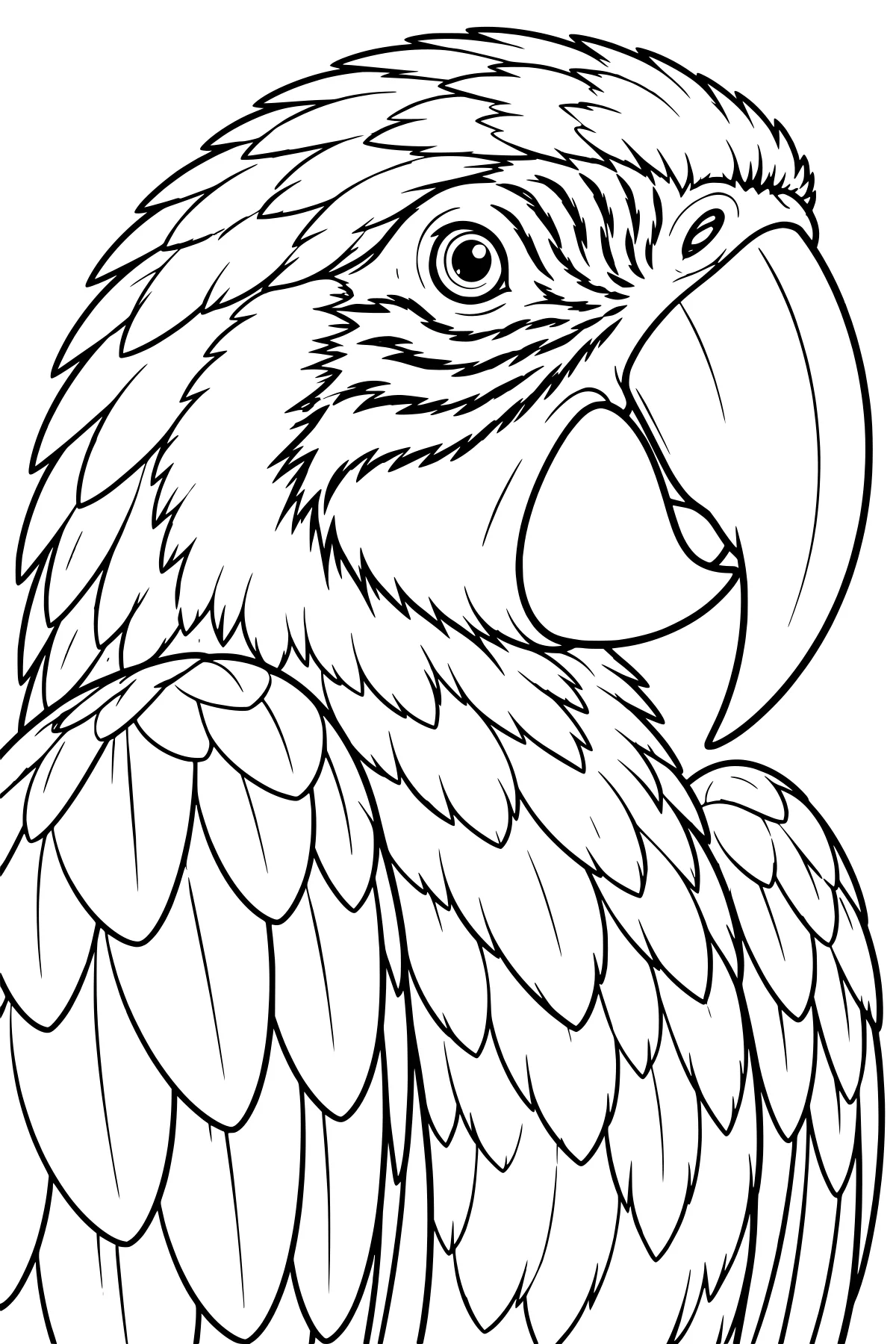Close-up line art of a macaw with a curved beak, round eye, facial markings, and layered feathers covering its crown, chest, and folded wings.