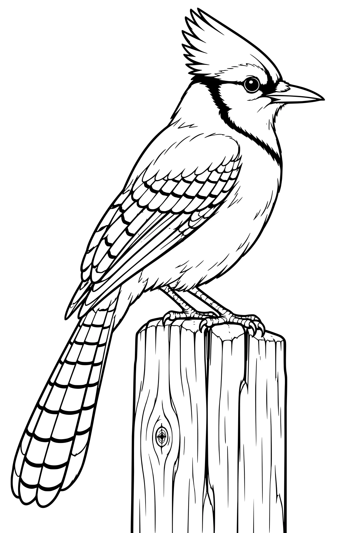 Realistic blue jay with a raised crest and long barred tail perched on a weathered wooden post