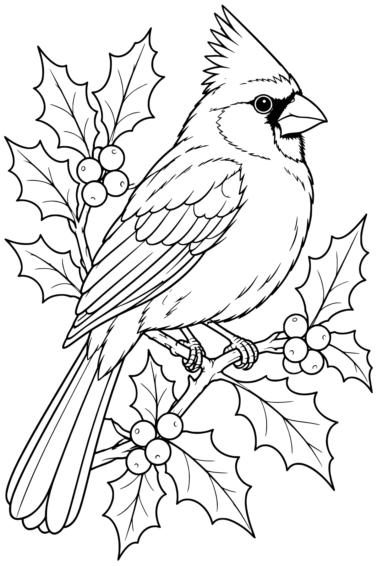 Crested cardinal perched on a holly branch with pointed leaves, round berries, layered wing feathers, and a long tail.