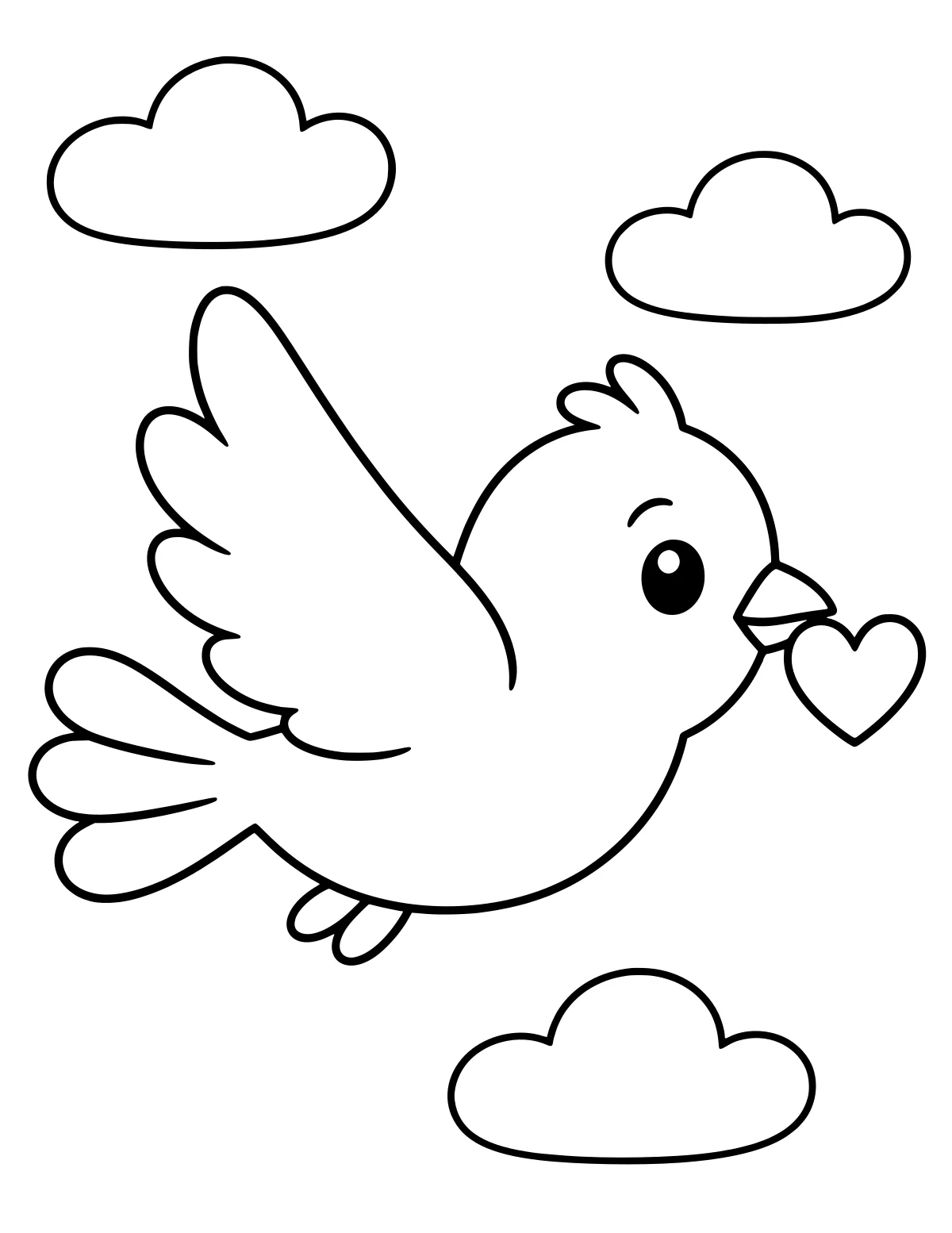 A flying cartoon bird with a raised wing, fanned tail, and small crest holding a heart by a loop in its beak, surrounded by rounded clouds.