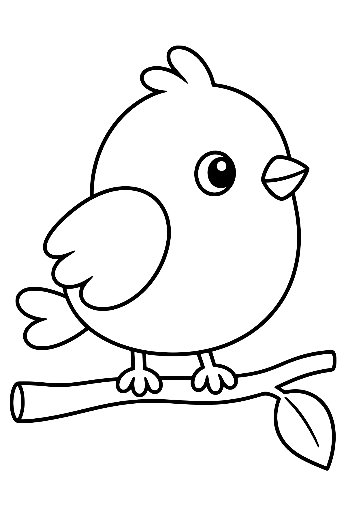 Round little bird with a large eye, short beak, curved wing, feathered crest, and tail perched on a branch beside a leaf.