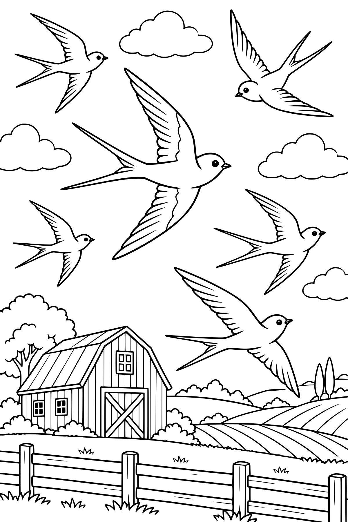 Swallows with outstretched wings and forked tails flying over a barn, fence, rolling fields, trees, bushes, and clouds.