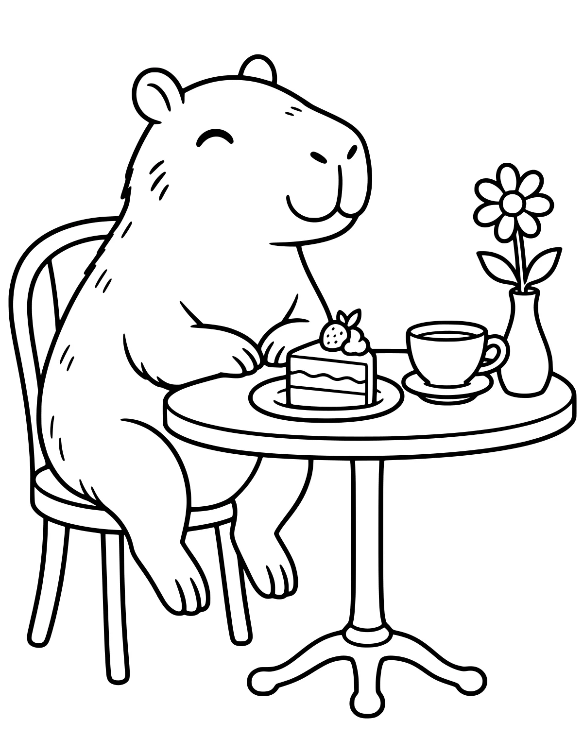 Capybara seated at a round table with layered cake, a cup and saucer, and a flower in a narrow vase.