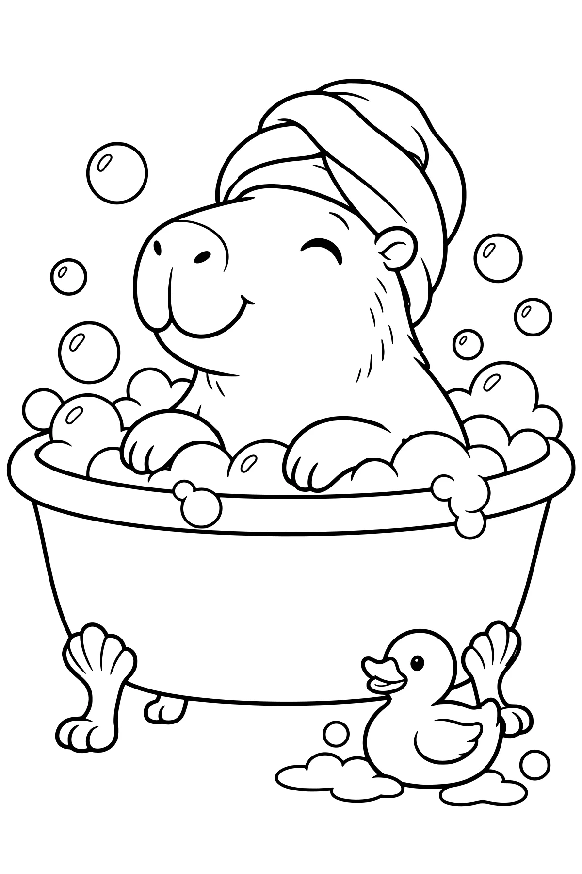 Capybara wearing a wrapped towel in a claw-foot bathtub full of suds, with floating bubbles and a small duck beside the tub.