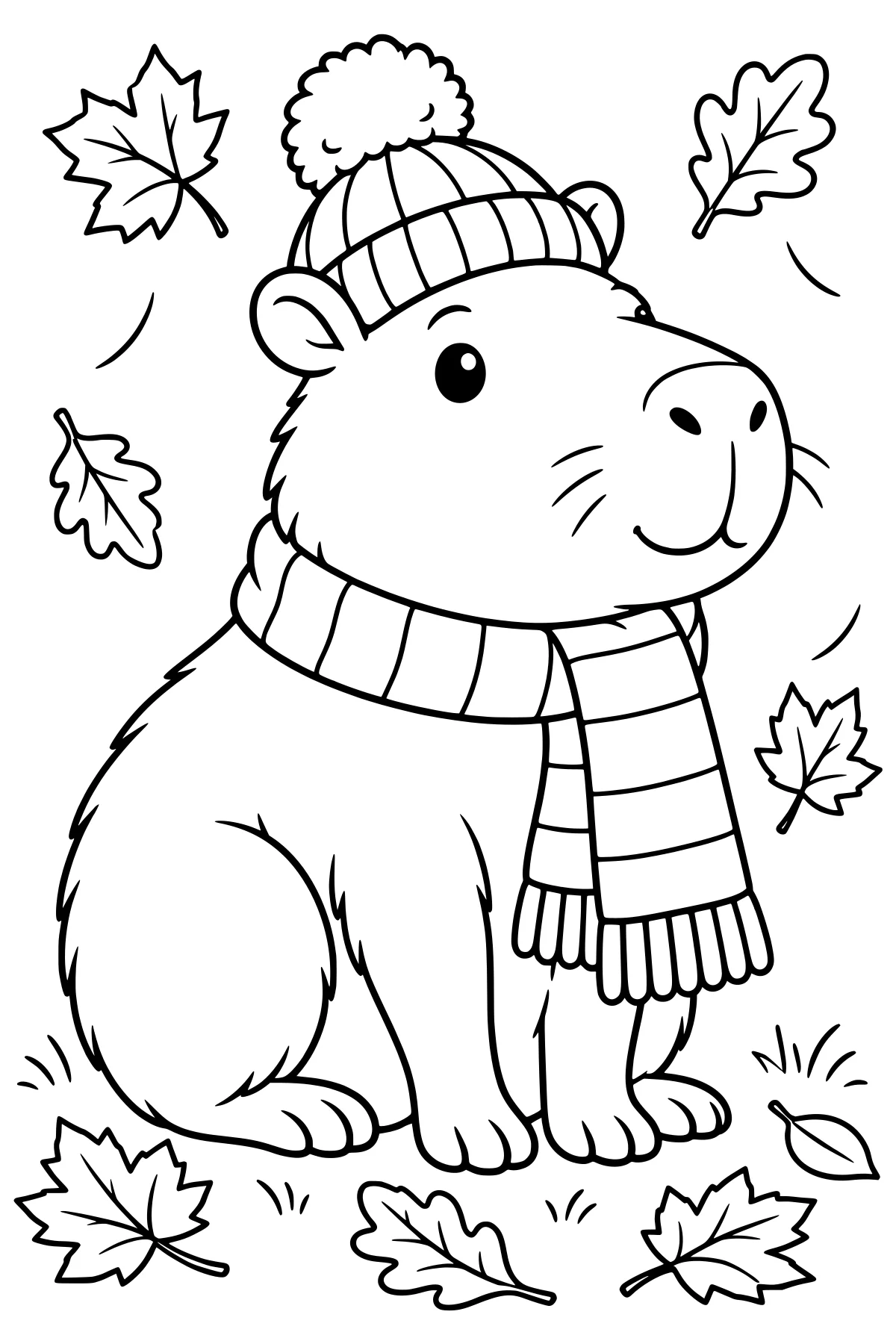 Seated capybara wearing a striped pom-pom hat and fringed scarf, surrounded by falling and scattered autumn leaves.