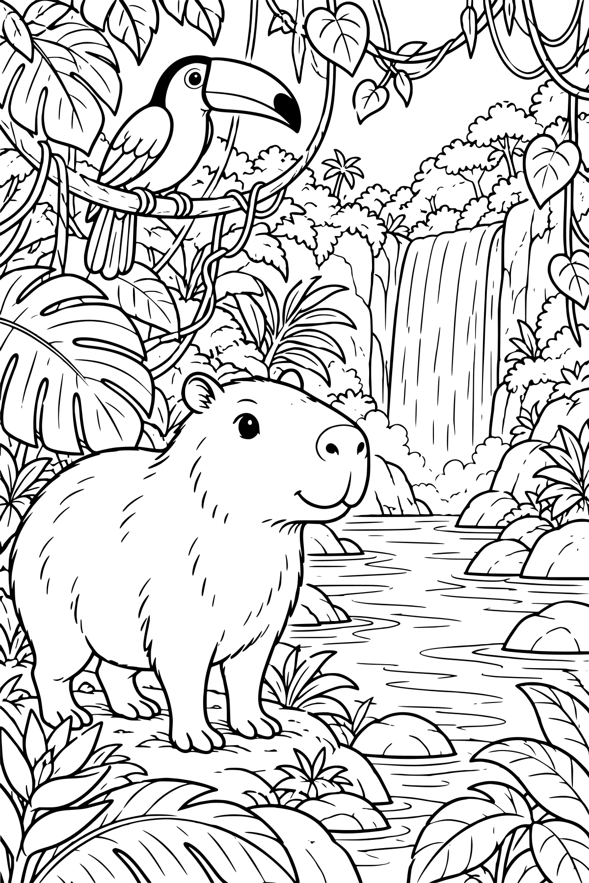 Capybara beside a rainforest stream with tropical foliage, rocks, a waterfall, and a toucan perched on a branch overhead.