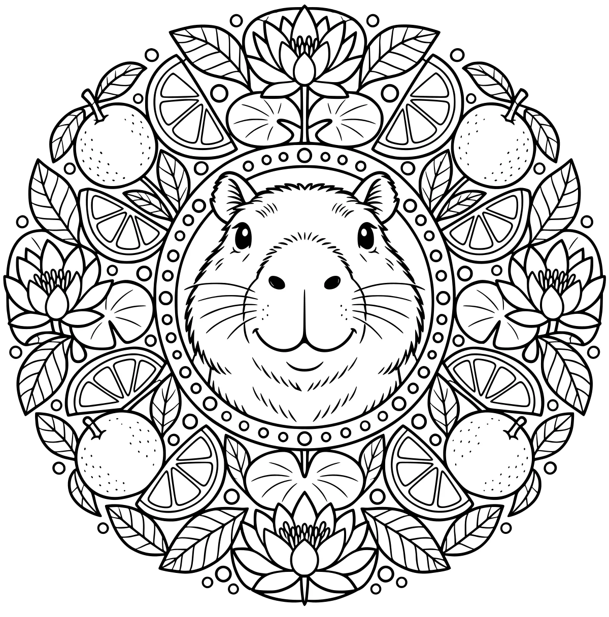Central capybara face surrounded by circular borders, lotus-like flowers, citrus wedges, round fruit, leaves, and decorative dots.