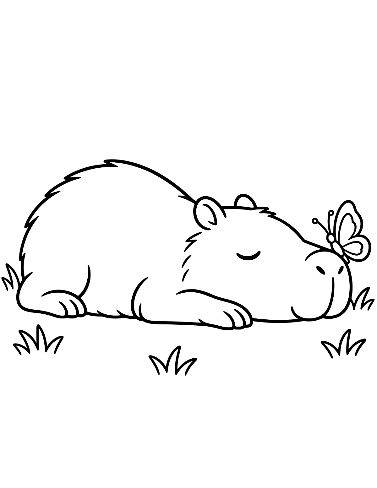 Sleeping capybara lying among grass tufts with a butterfly resting on its nose