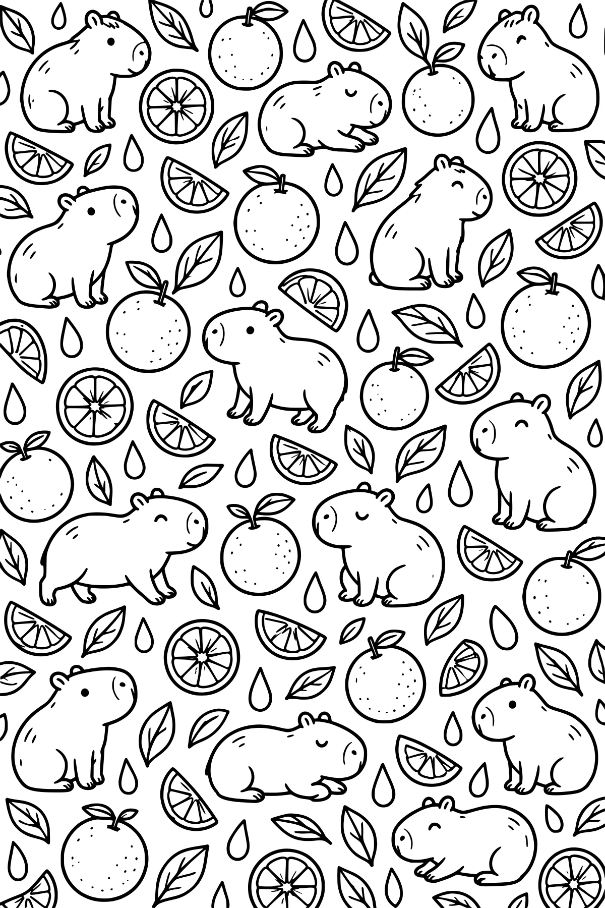 Repeating line-art pattern of capybaras in varied poses surrounded by whole citrus fruits, slices, wedges, leaves, and droplets.