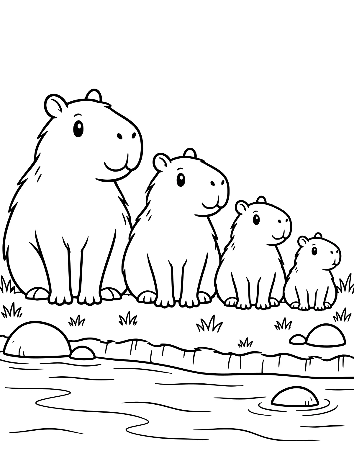 A row of capybaras sitting on a grassy bank beside rippling water and rounded rocks.