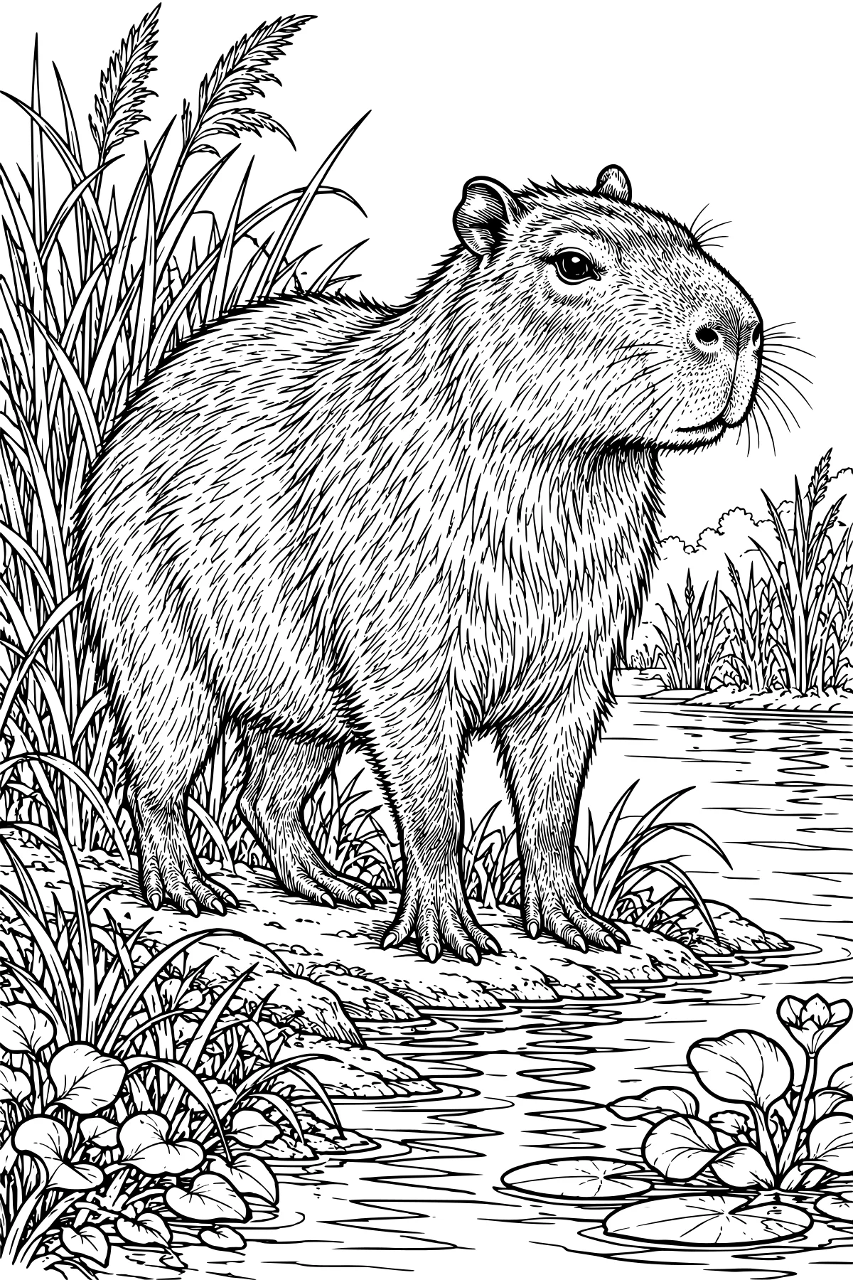 Realistic capybara standing beside a rippling river among tall reeds, grasses, leafy plants, lily pads, and flowers.