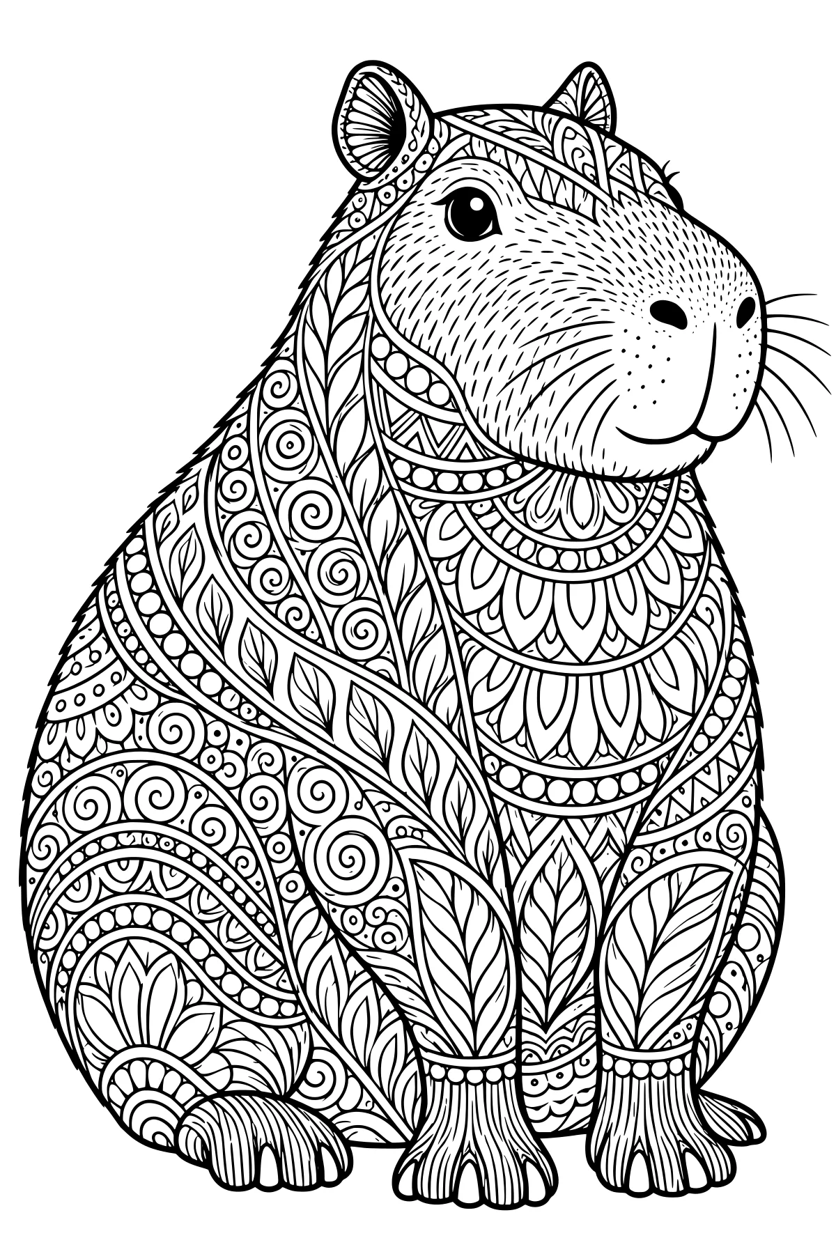 Seated capybara with a rounded muzzle, whiskers, small ears, broad feet, and intricate leaf, spiral, dot, and scallop patterns across its body.