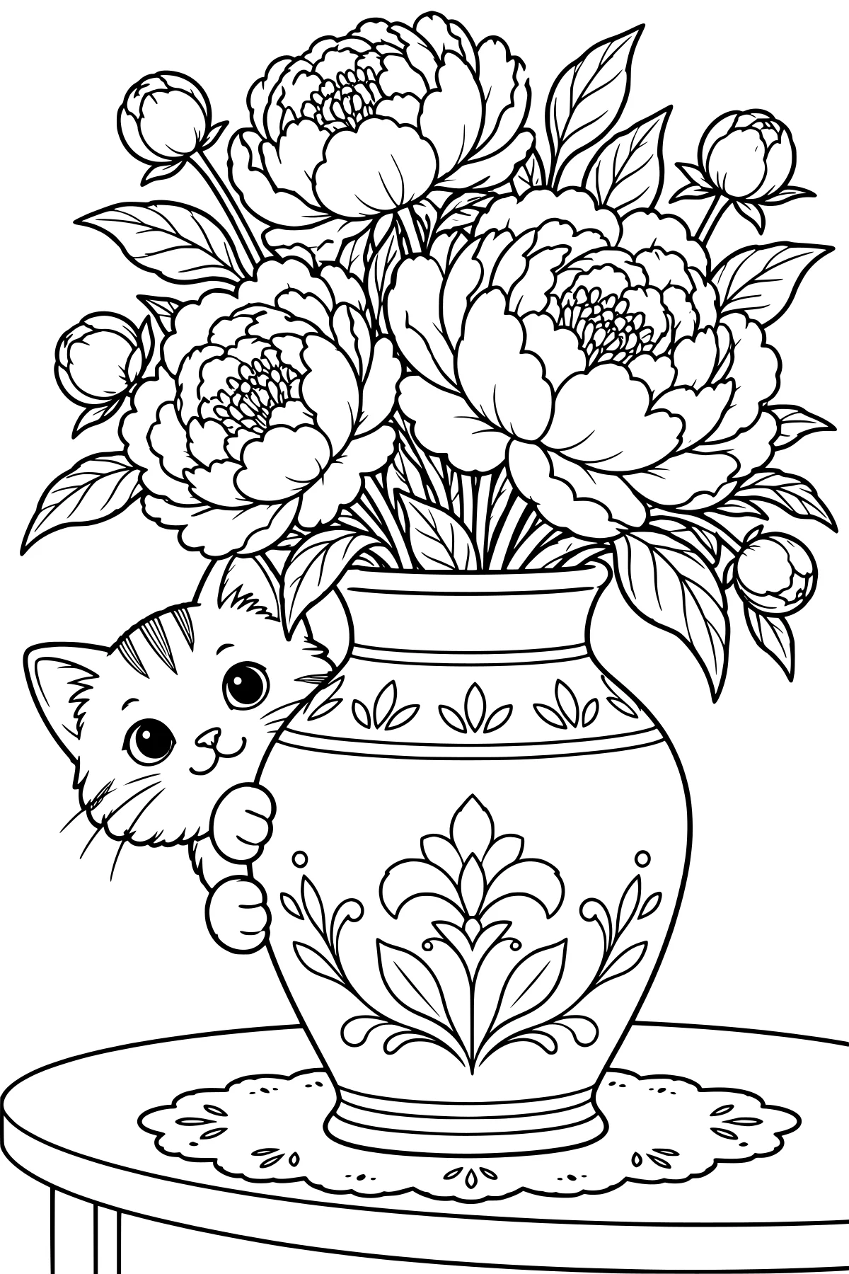 Cat peeking around a decorated vase filled with blooming peonies, flower buds, and leafy stems on a cloth-covered round table.