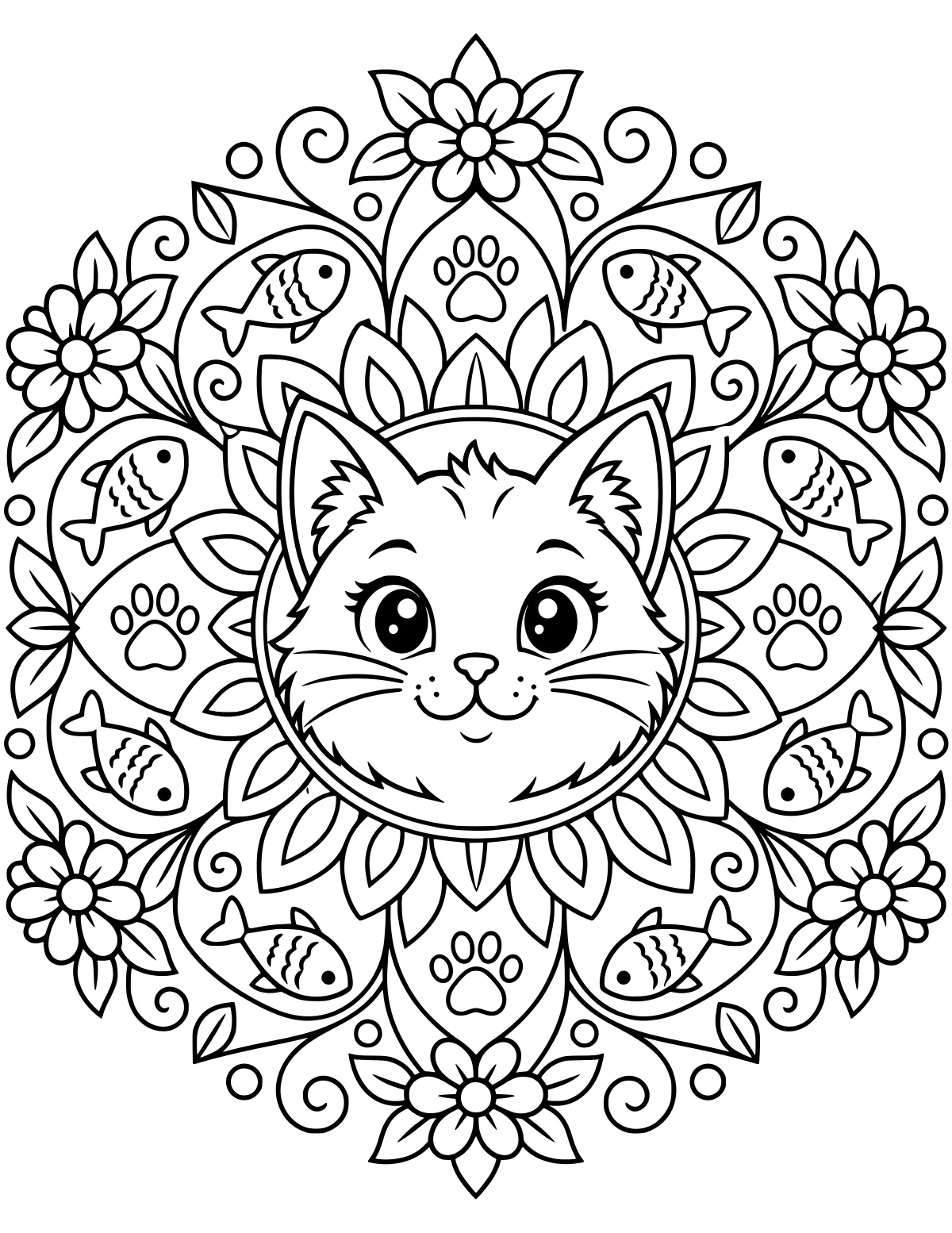 Wide-eyed cat face centered within a detailed circular mandala of petals, flowers, leaves, vines, paw prints, and fish motifs.