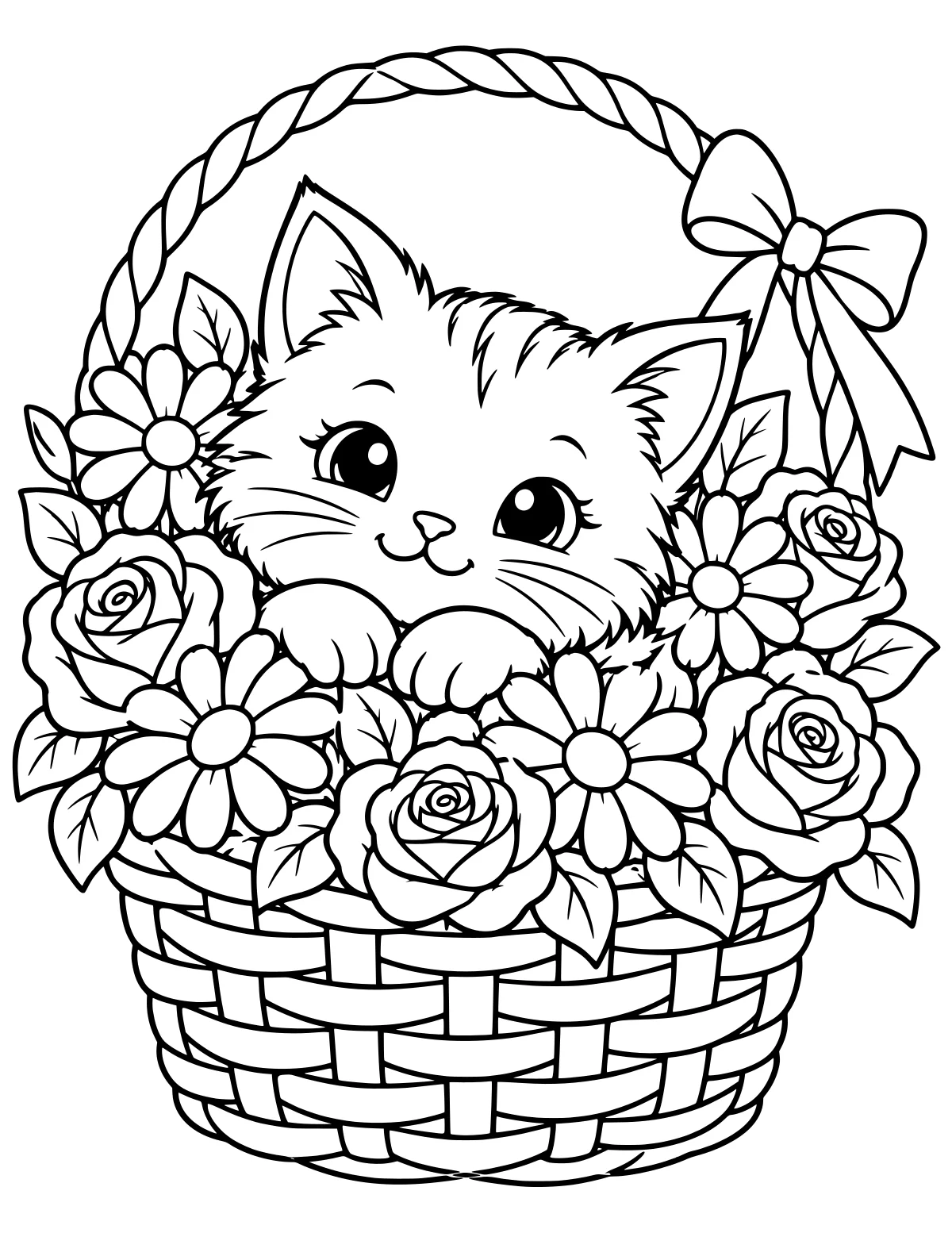 Fluffy cat peeking from a woven flower basket filled with roses, daisy-like blooms and leaves, beneath a braided handle with a large bow.