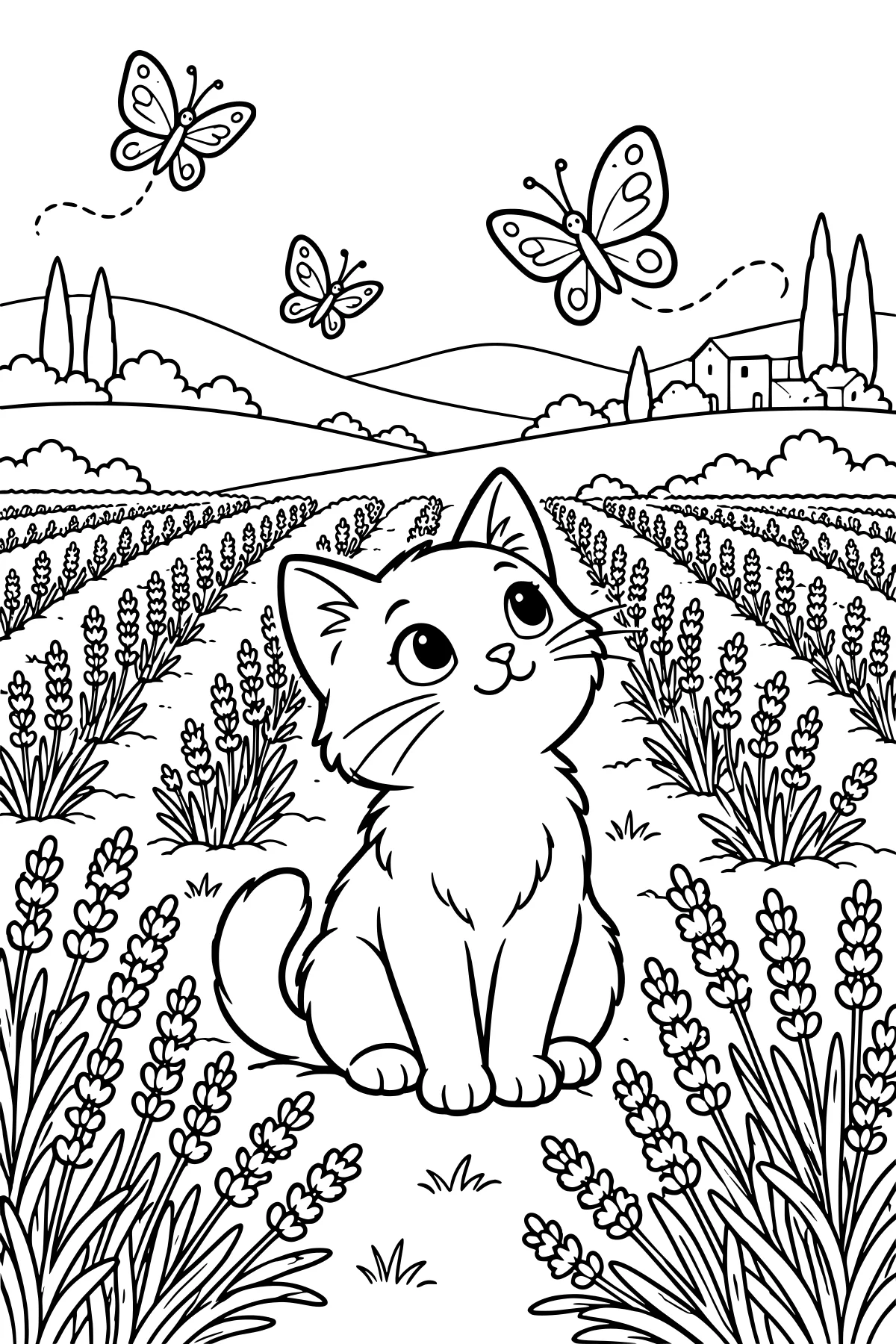 Fluffy seated cat looking up at butterflies above rows of lavender, with rolling fields, shrubs, slender trees, and a farmhouse in the distance.