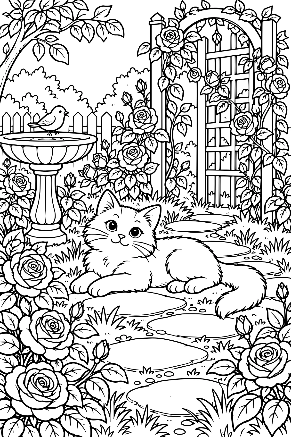 Fluffy cat resting on a winding path among roses, with a birdbath, perched bird, picket fence, leafy branches, and a flower-covered garden arbor.
