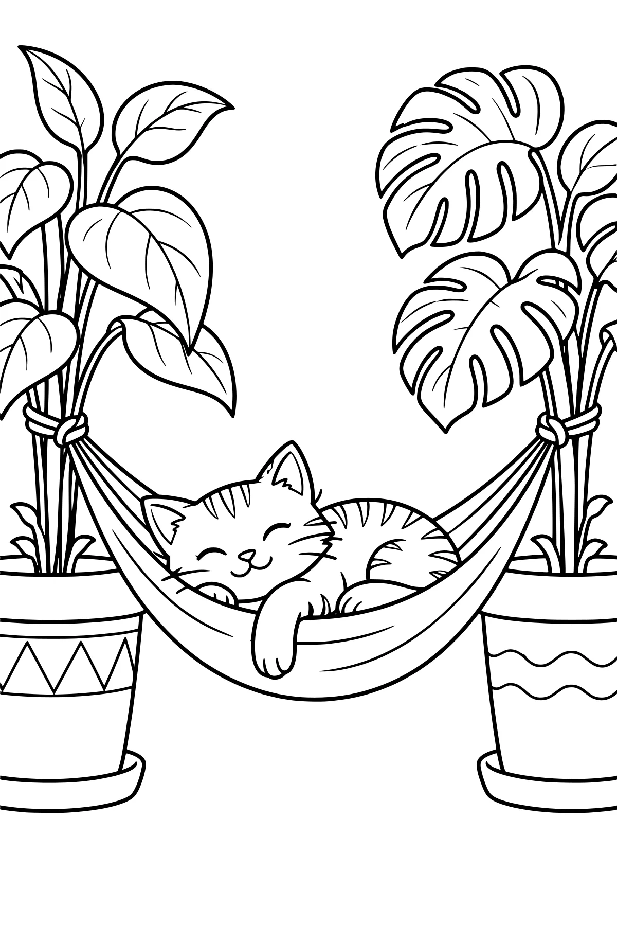 Striped cat sleeping in a hanging hammock between leafy plants in decorated pots, with a front paw resting over the hammock edge.