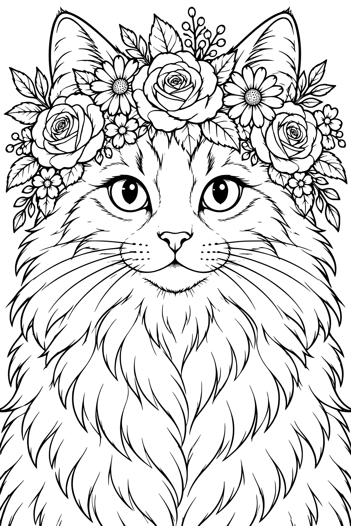 Front-facing long-haired cat with large eyes, pointed ears, long whiskers, layered chest fur, and a crown of roses, daisy-like flowers, leaves, and buds.