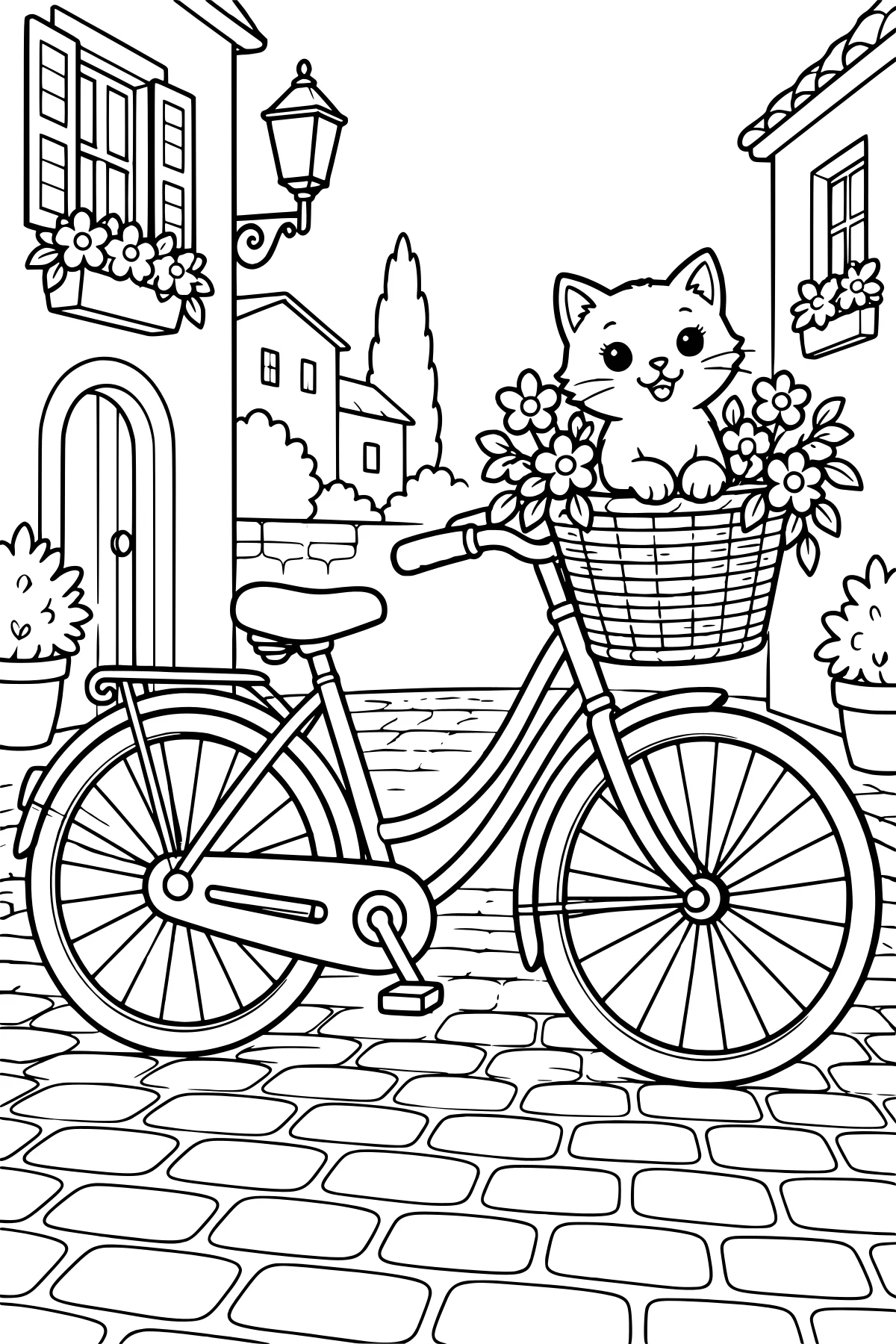 Cat sitting among flowers in a woven bicycle basket on a cobblestone street lined with houses, window boxes, potted plants, and a lantern.