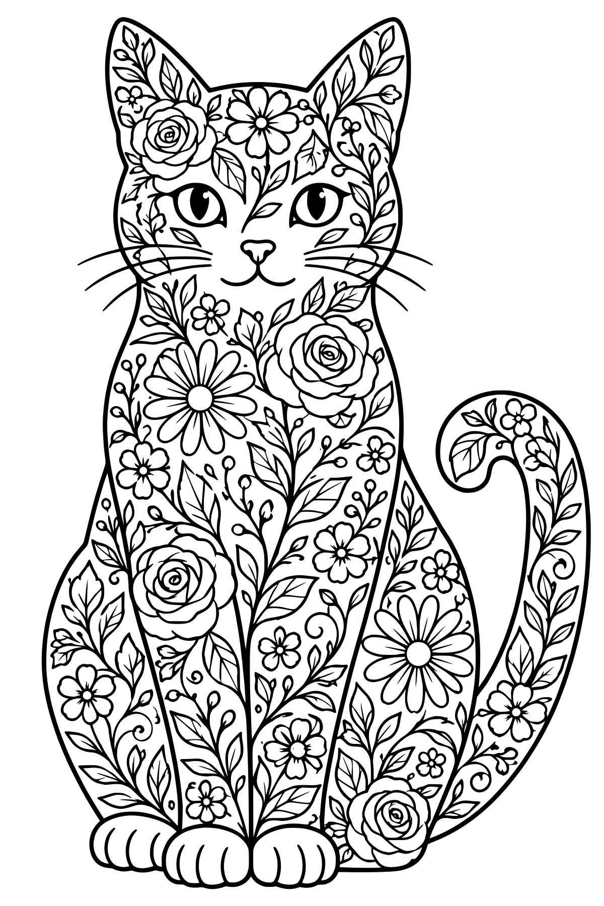 Seated cat outline with upright ears, large eyes, whiskers, rounded paws, and a curled tail filled with roses, daisy-like flowers, leaves, buds, stems, and vines.