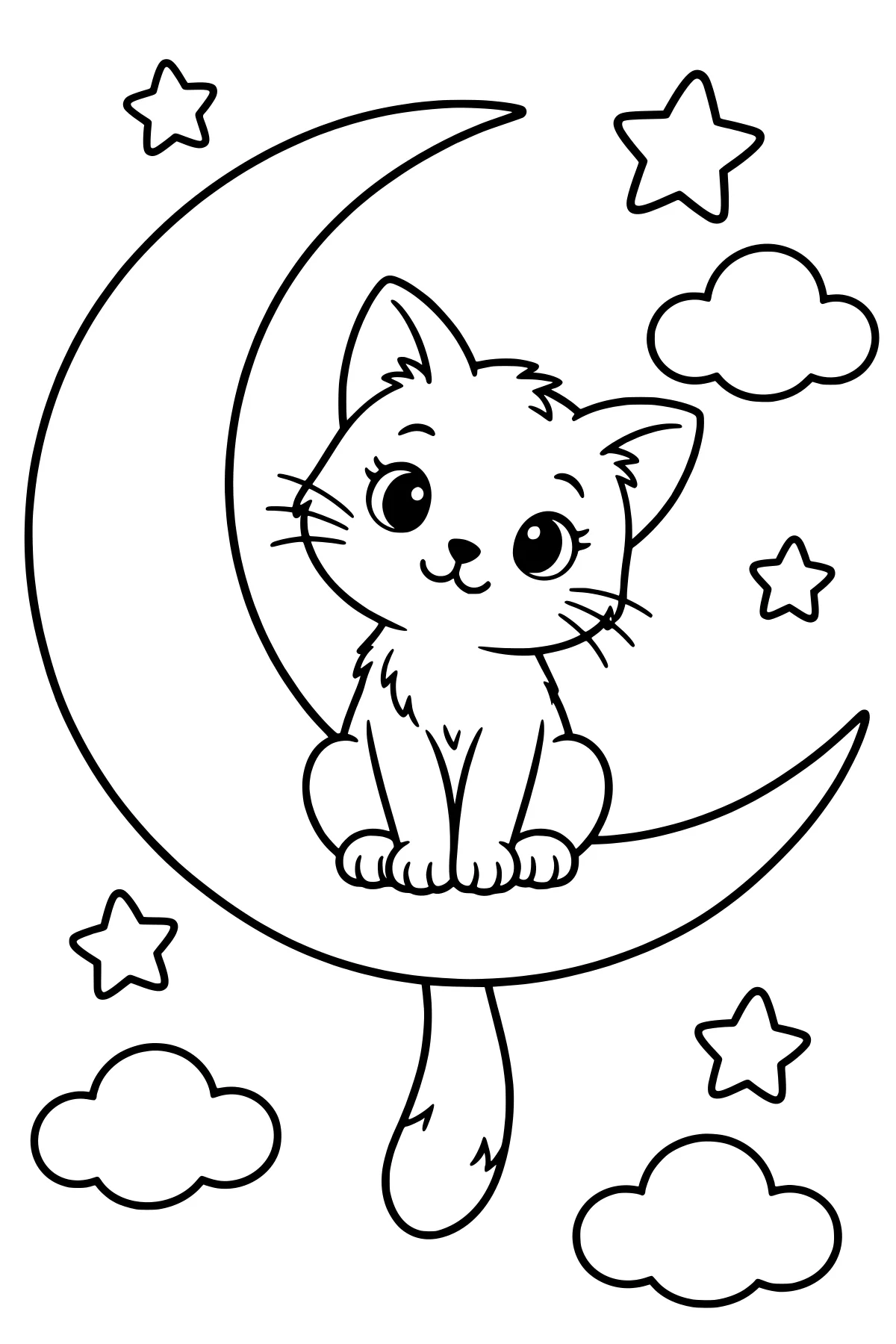 Wide-eyed cat seated inside a large crescent moon, with front paws on the lower curve, a hanging tail, and surrounding outlined stars and rounded clouds.
