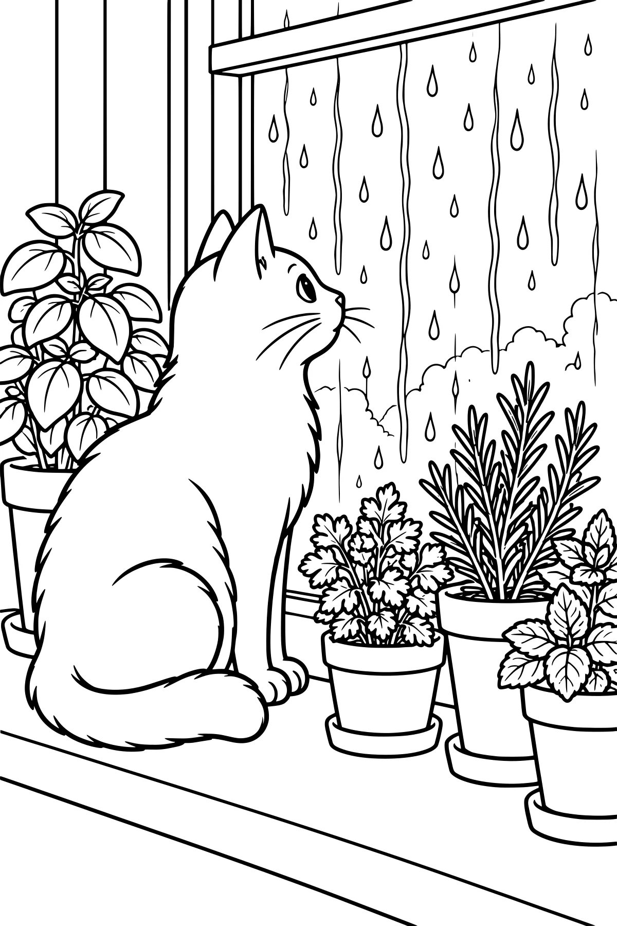 A fluffy cat sits on a windowsill among potted plants, looking up at raindrops and water trails on the glass.