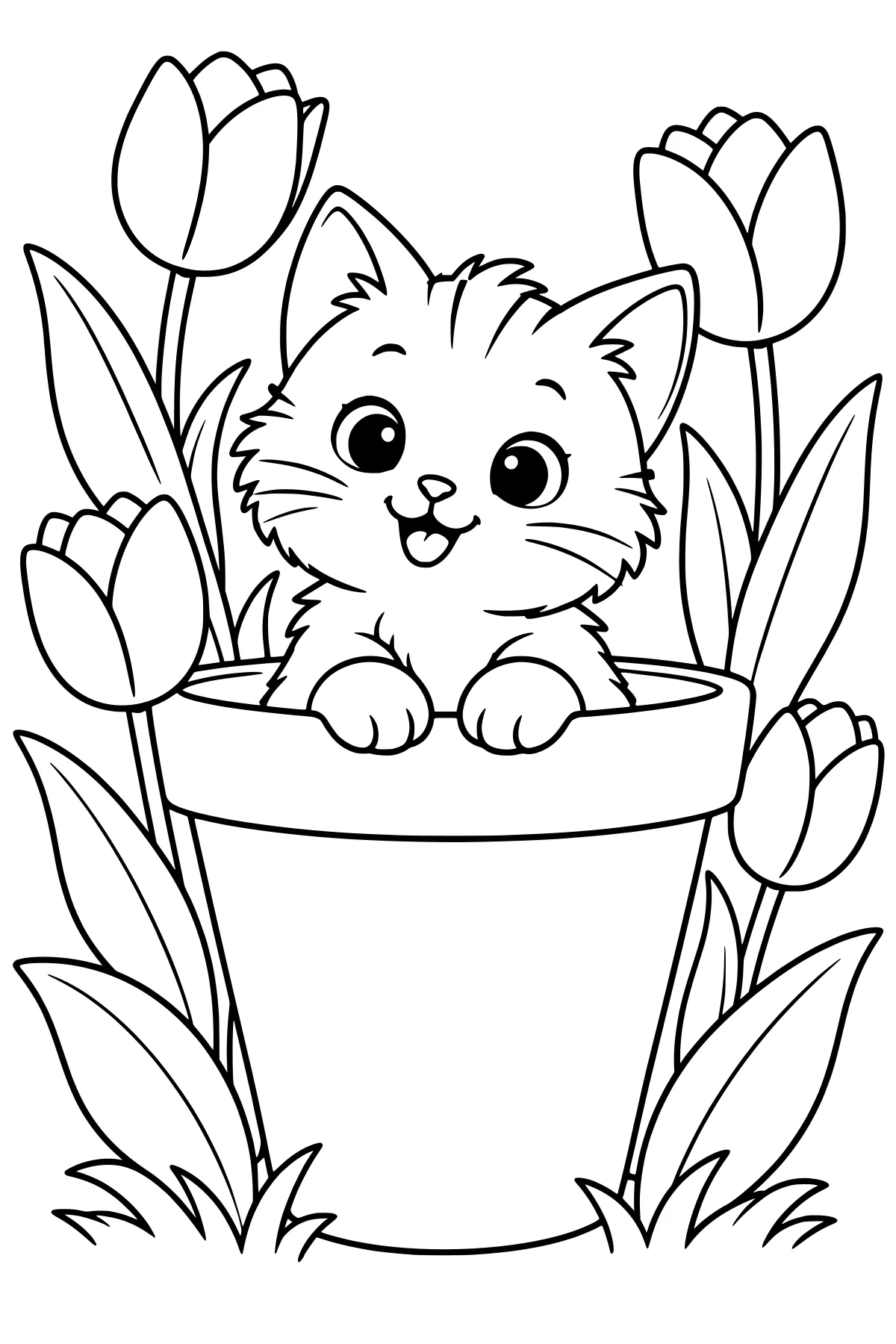 Kitten peeking from a large flowerpot, surrounded by tall flowers, pointed leaves, stems, and grass.