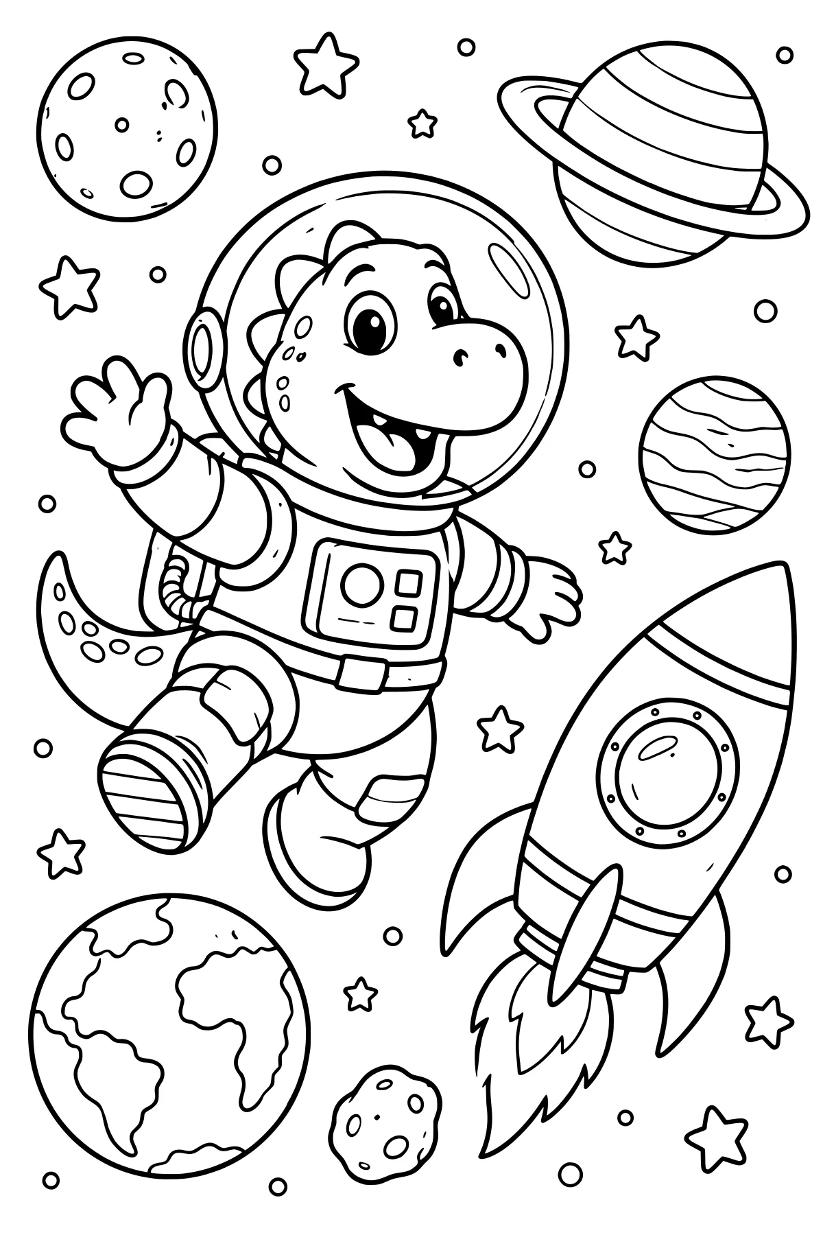 Dinosaur astronaut waving while floating beside a finned rocket, surrounded by stars, a ringed planet, a cratered moon, an Earth-like globe, and smaller space objects.