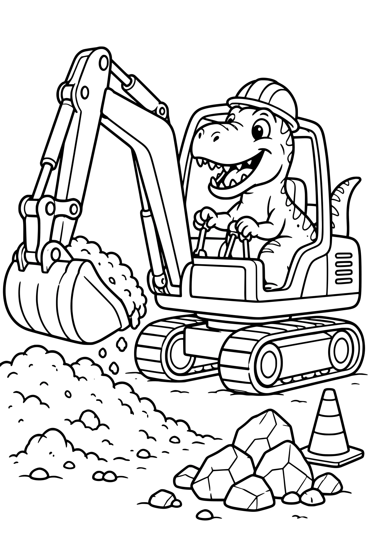 Helmeted dinosaur operating a tracked digger with a raised bucket of soil beside dirt mounds, rocks, and a traffic cone.