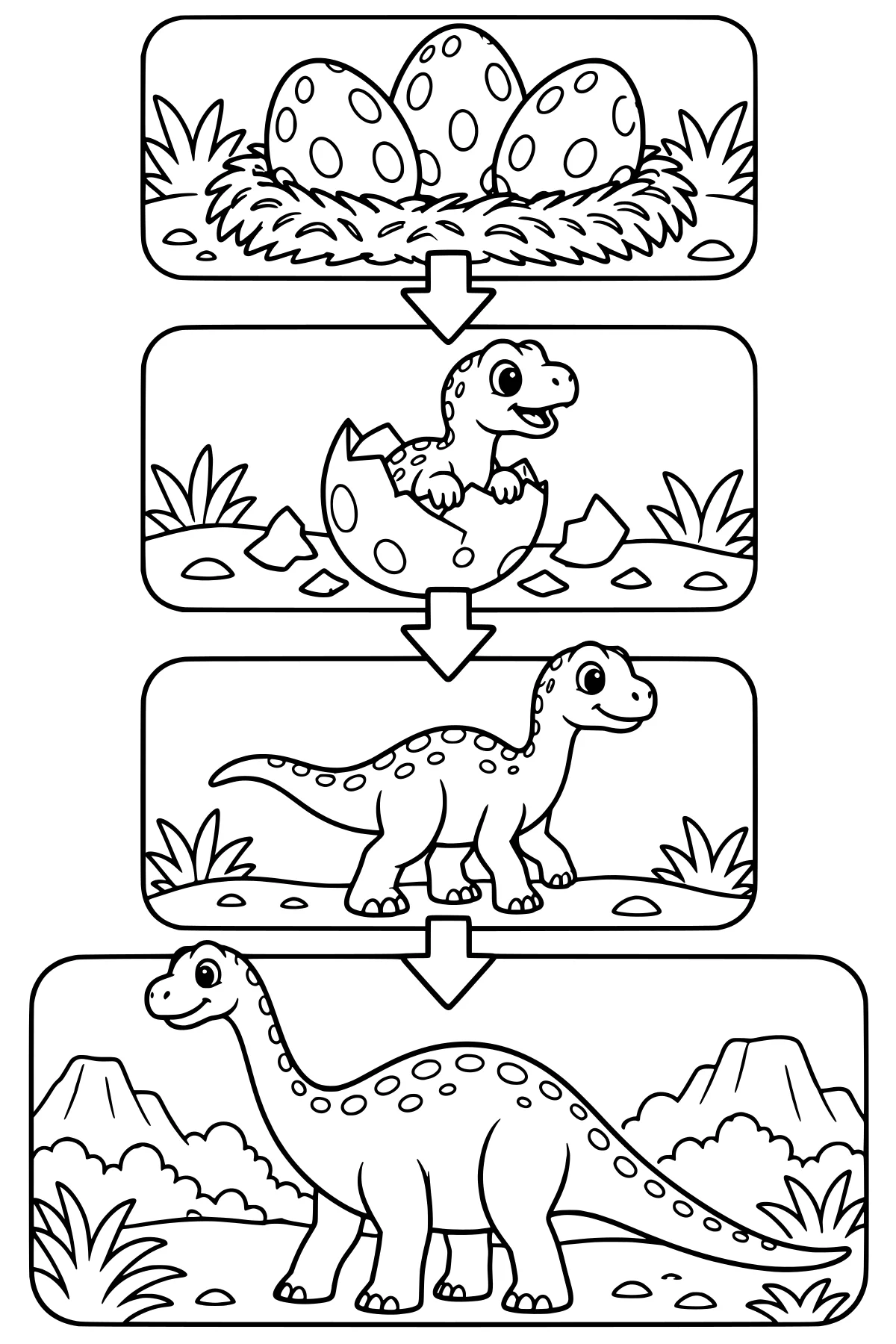 Stages of a spotted long-necked dinosaur growing from eggs in a nest to a hatchling, a smaller dinosaur, and a larger dinosaur, linked by arrows.