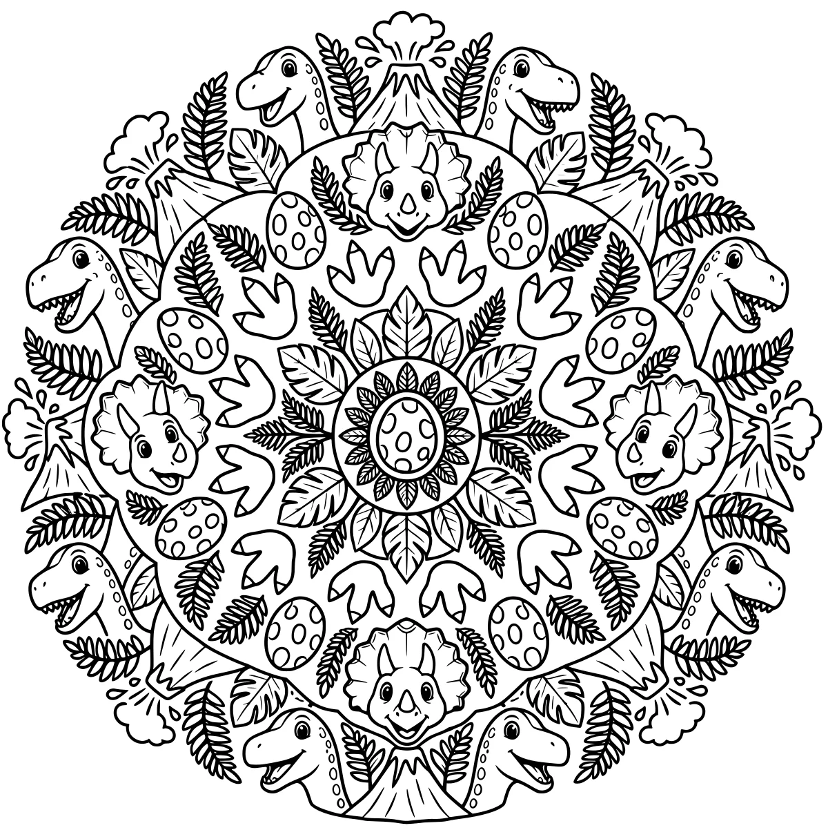 Radial line art with open-mouthed and horned dinosaur heads, spotted eggs, tracks, leafy fronds, erupting volcanoes, and a central egg motif.