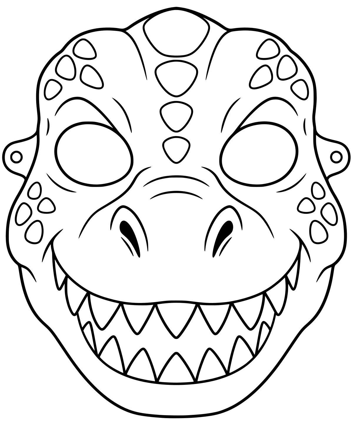 Front-facing dinosaur mask outline with eye openings, a broad snout, pointed teeth, forehead plates, spots, and side tabs.