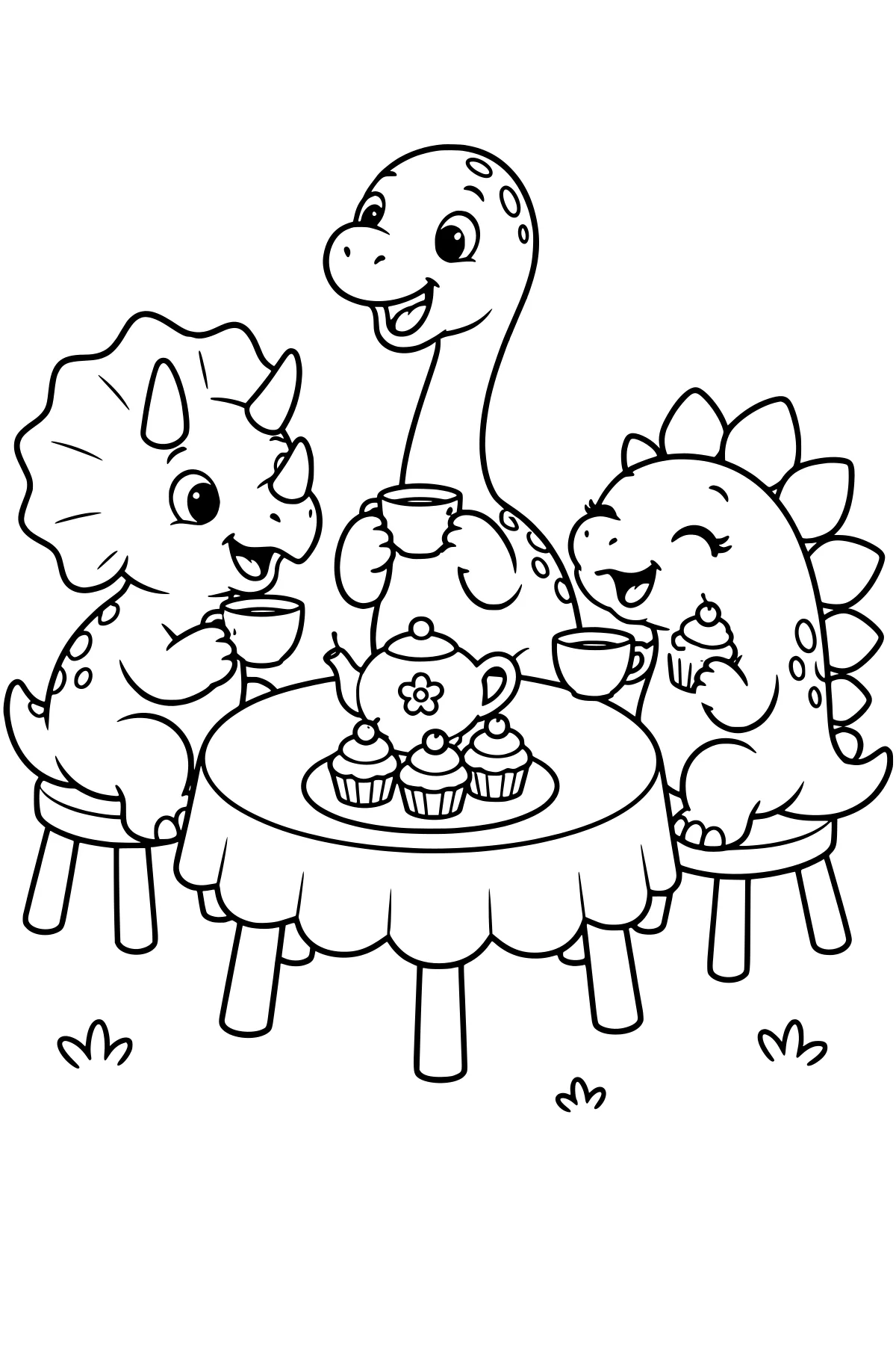 Three cartoon dinosaurs sit around a round table with teacups, a flower-marked teapot, and cupcakes on a plate.
