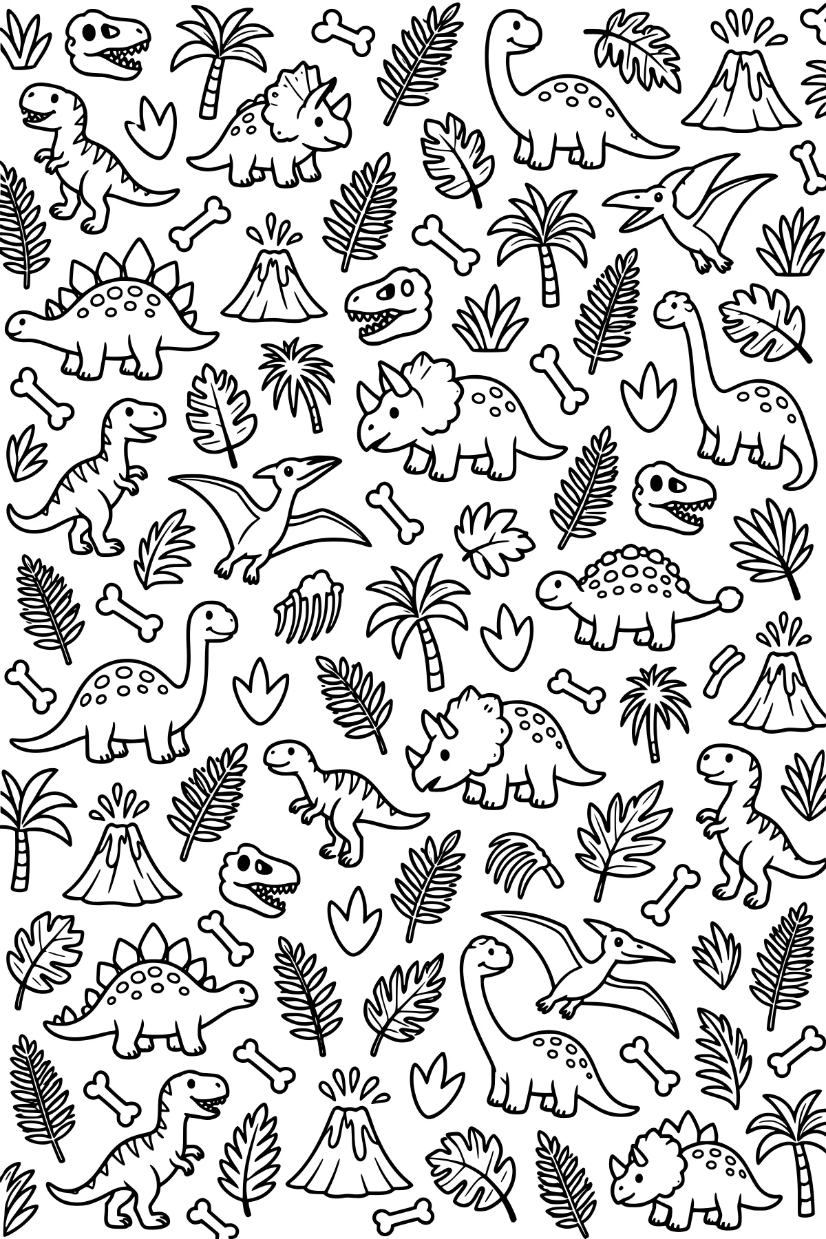 Black-and-white pattern of dinosaurs, flying reptiles, palm trees, leaves, volcanoes, bones, footprints, and dinosaur skulls.