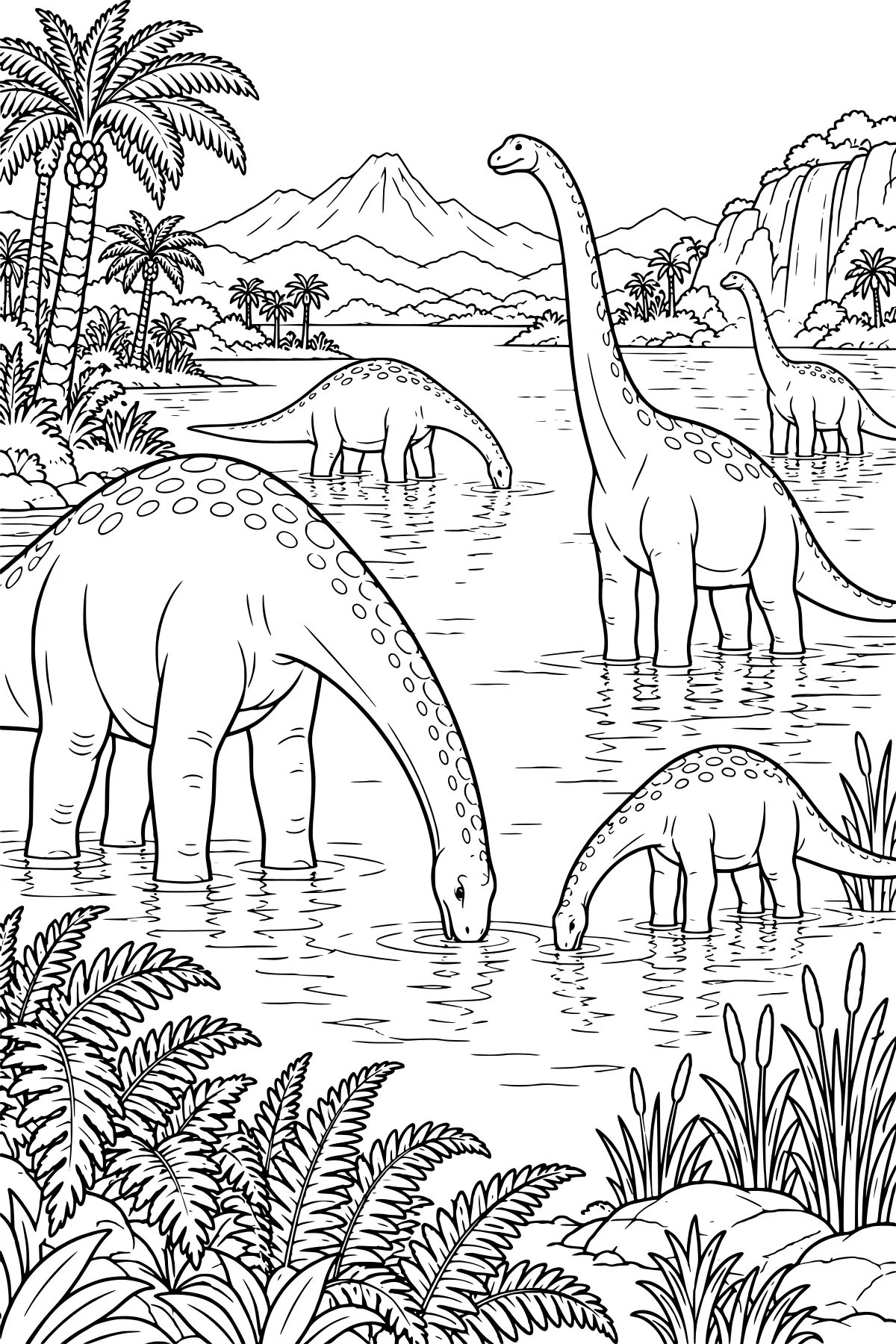 Long-necked dinosaurs wade and drink in a lake surrounded by palm trees, ferns, reeds, mountains, and a waterfall.