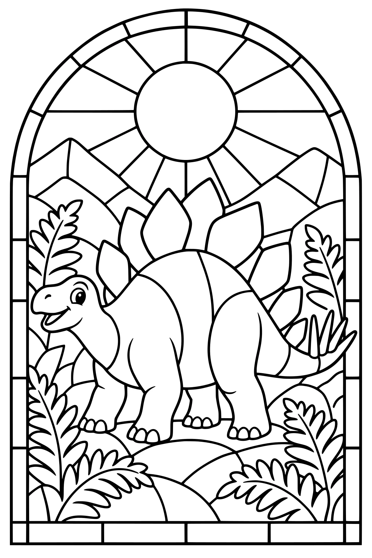 Plated dinosaur standing among leafy plants, with mountain peaks, a round sun, segmented shapes, and an arched border.