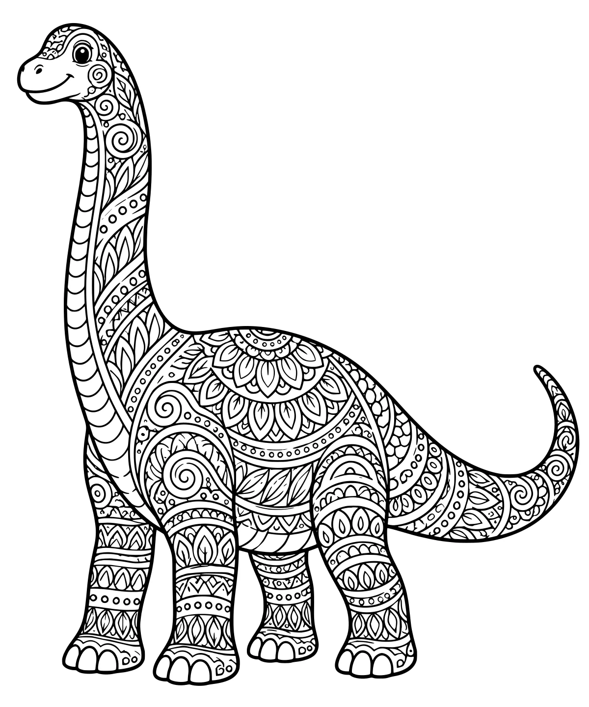 Long-necked dinosaur with a curved tail, rounded feet, and intricate spiral, leaf, scale, dot, and arch patterns covering its body.