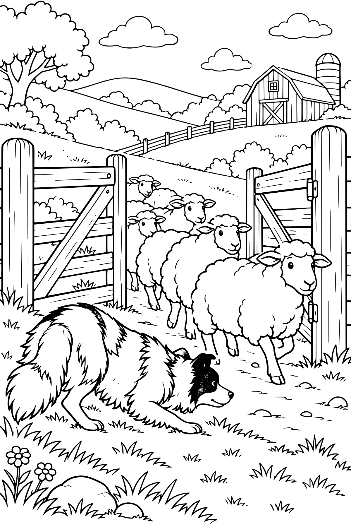 Crouching border collie behind a flock of sheep moving through an open farm gate, with grassy hills, fences, a barn, silo, tree, clouds, flowers, and rocks.