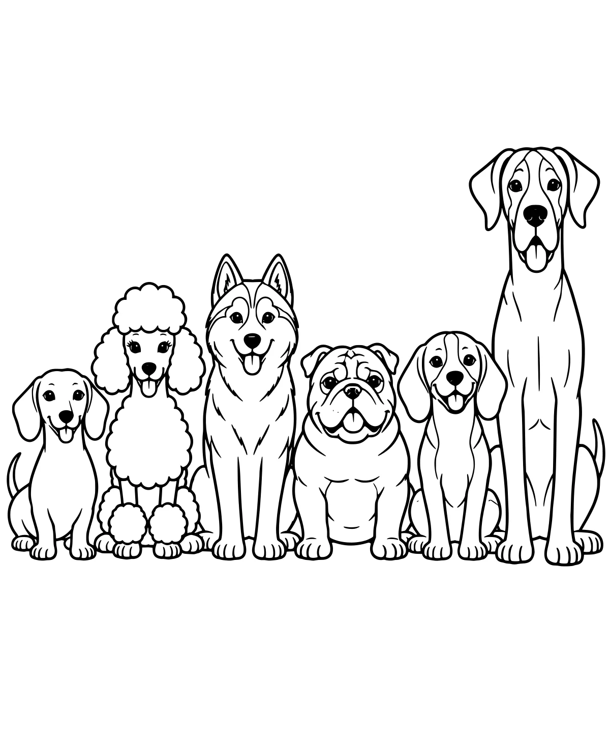 Six seated dogs of varied sizes and coat types arranged in a row, including fluffy, pointed-ear, wrinkled, floppy-ear, and tall long-legged dogs.