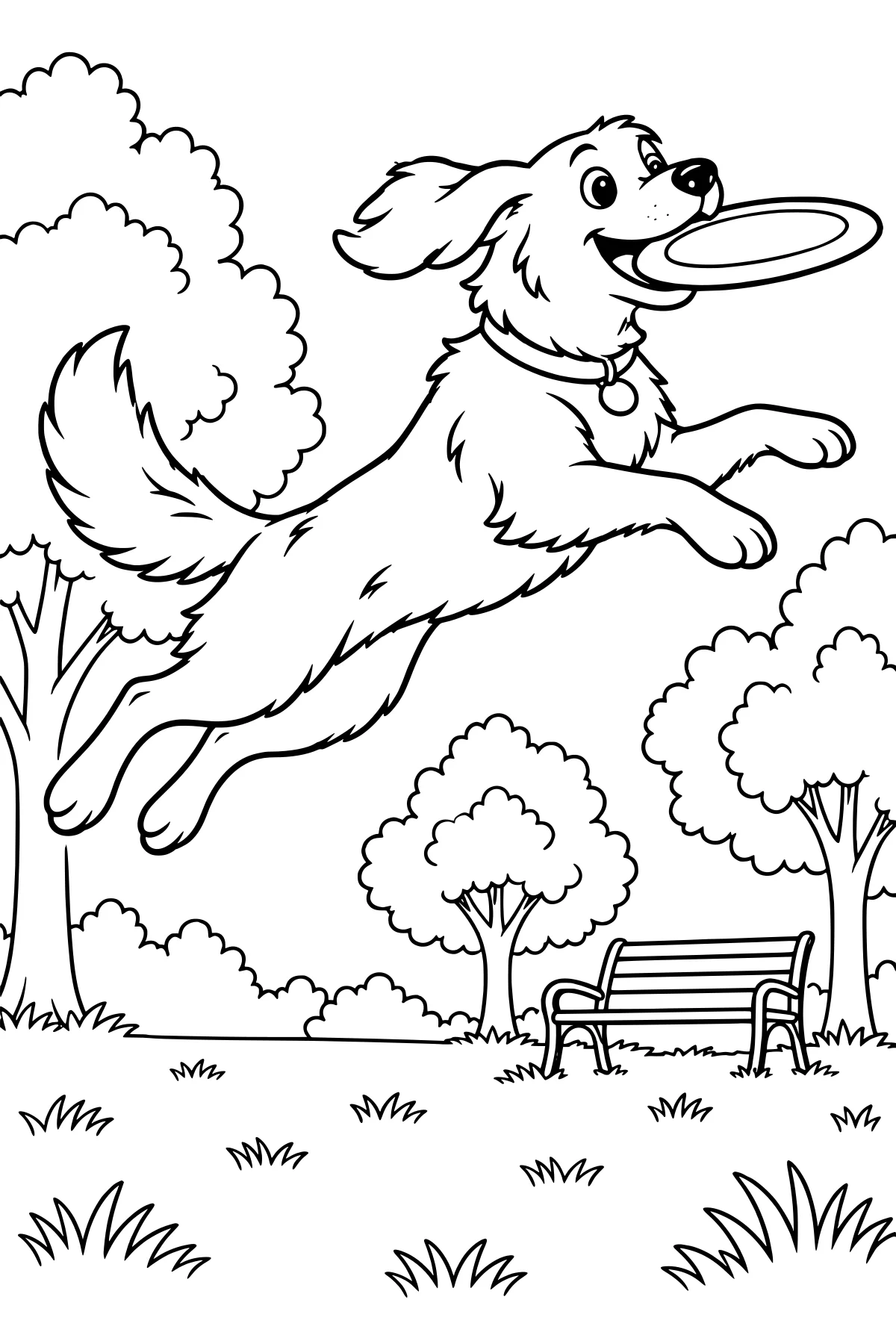 Fluffy dog leaping toward a frisbee in a park with trees, grass, and a slatted bench.