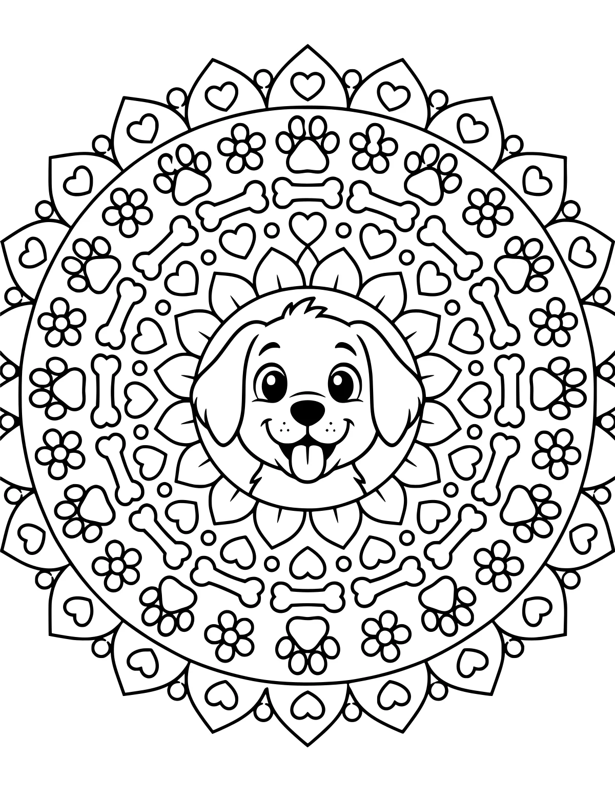 Black-and-white line art of a floppy-eared dog face with its tongue out, centered within a circular mandala of petals, hearts, paw prints, bones, and flowers.