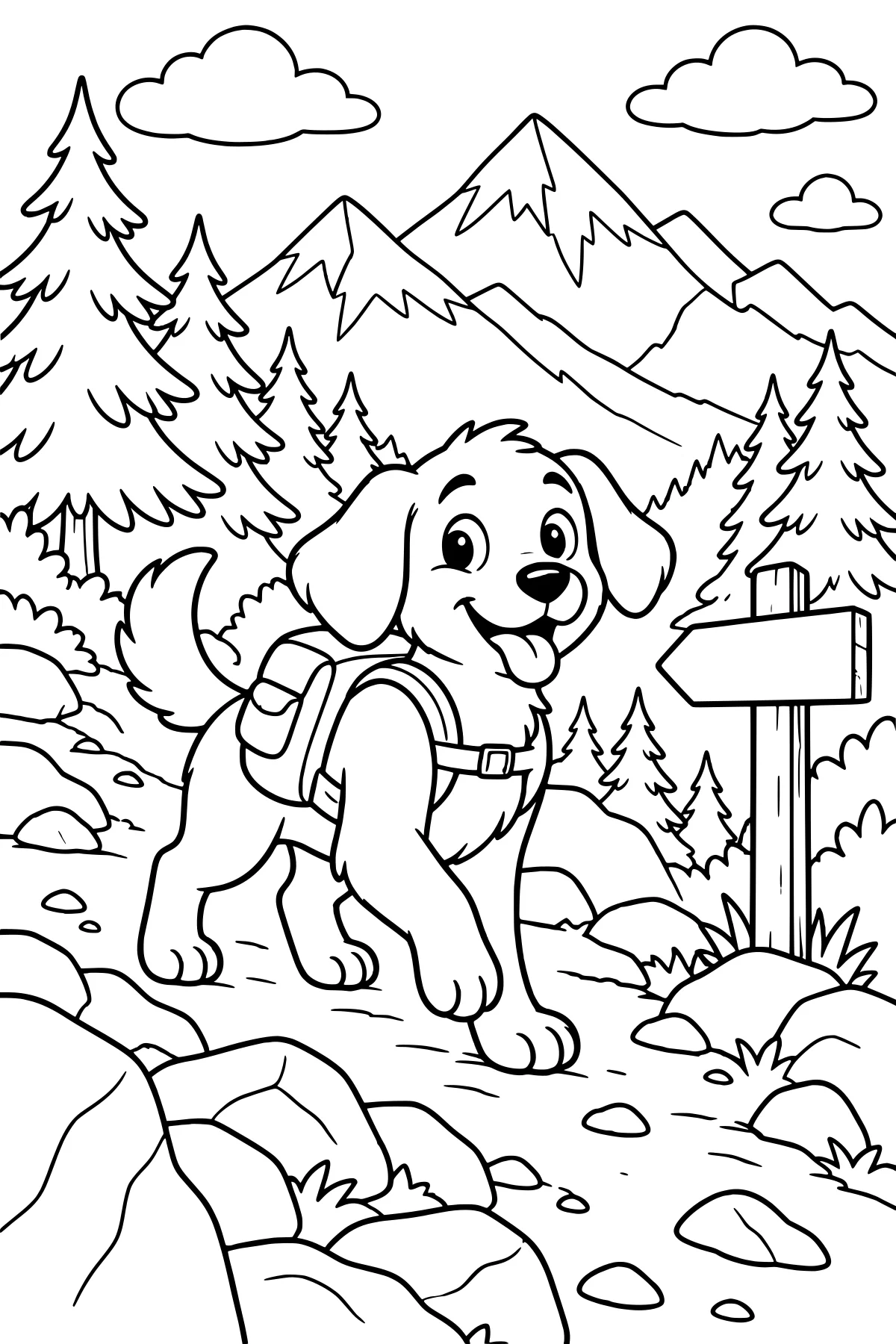 Backpack-wearing dog walking on a rocky mountain trail with pine trees, distant peaks, clouds, shrubs, and a wooden signpost.
