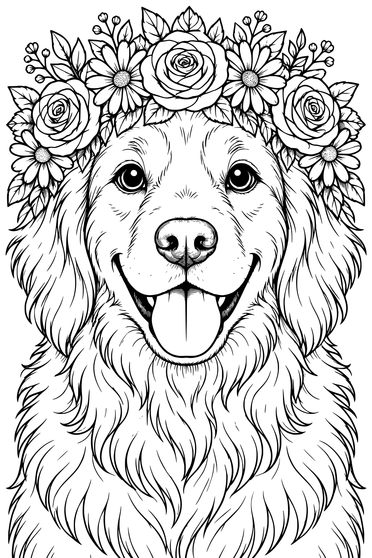 Front-facing long-haired dog with an open mouth and tongue, framed by a floral crown of roses, daisy-like flowers, leaves, and buds.