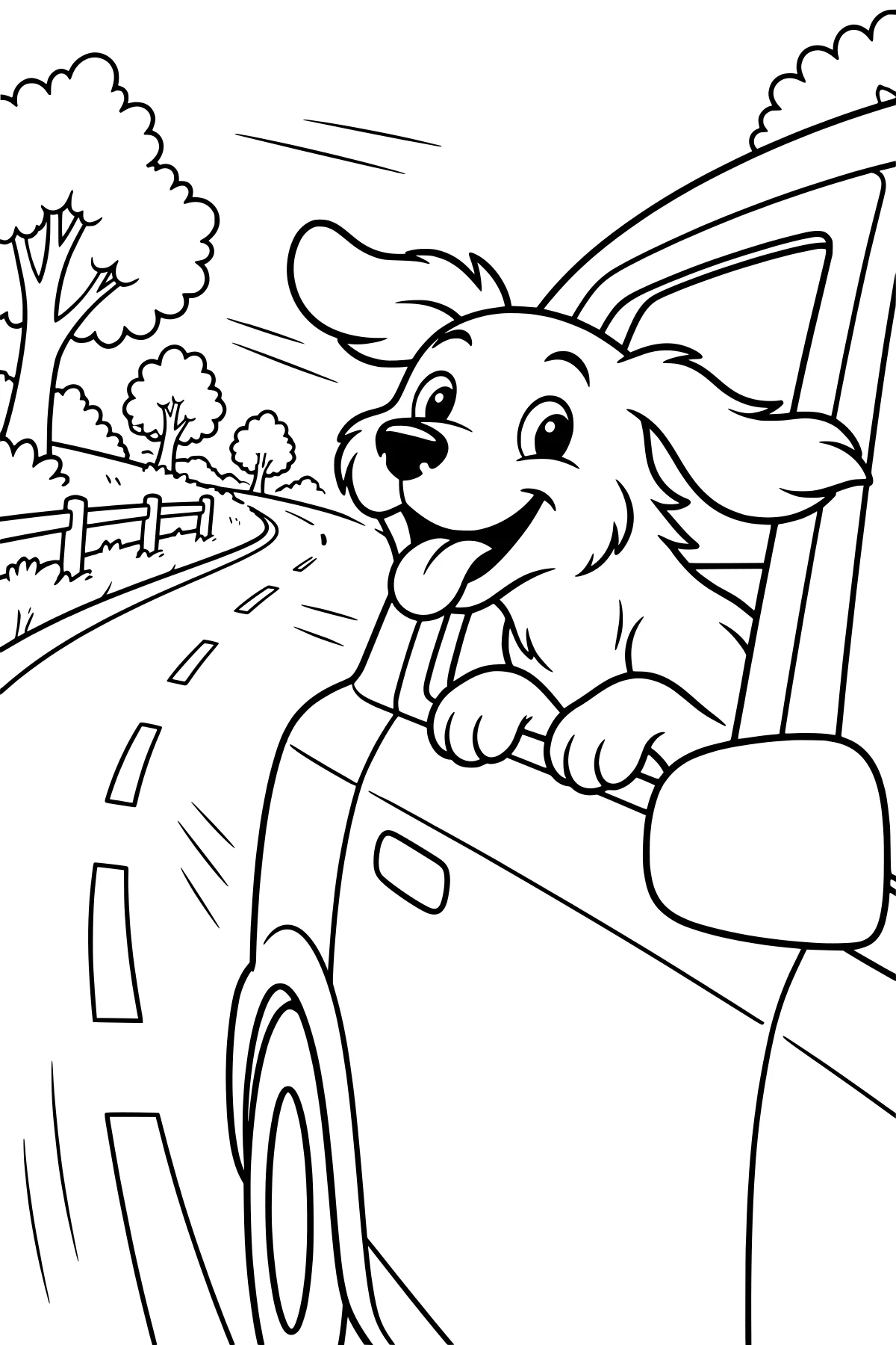 Dog leaning through an open car window with its tongue out and ears streaming as the car follows a curving road past trees and a fence.